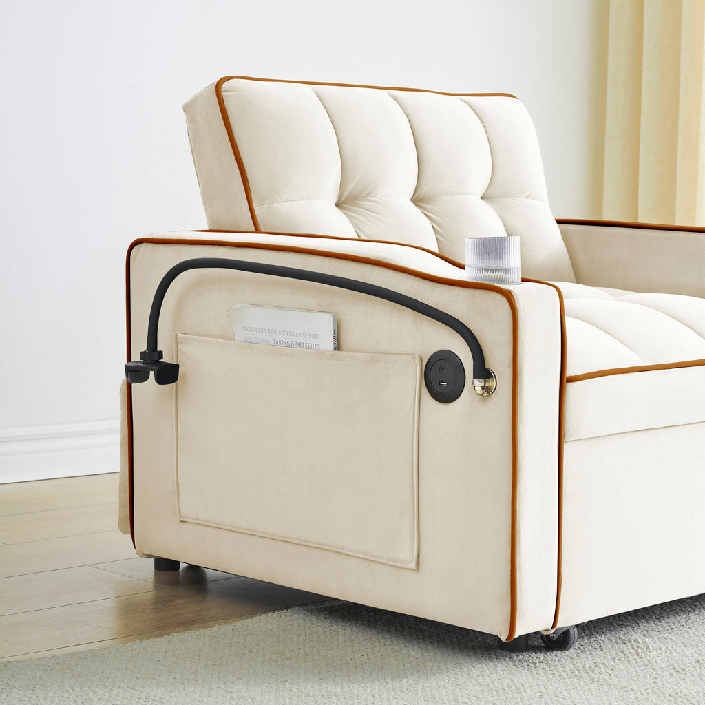 Velvet Foldable Sofa Bed Adjustable Back with USB, Ashtray & Phone Stand