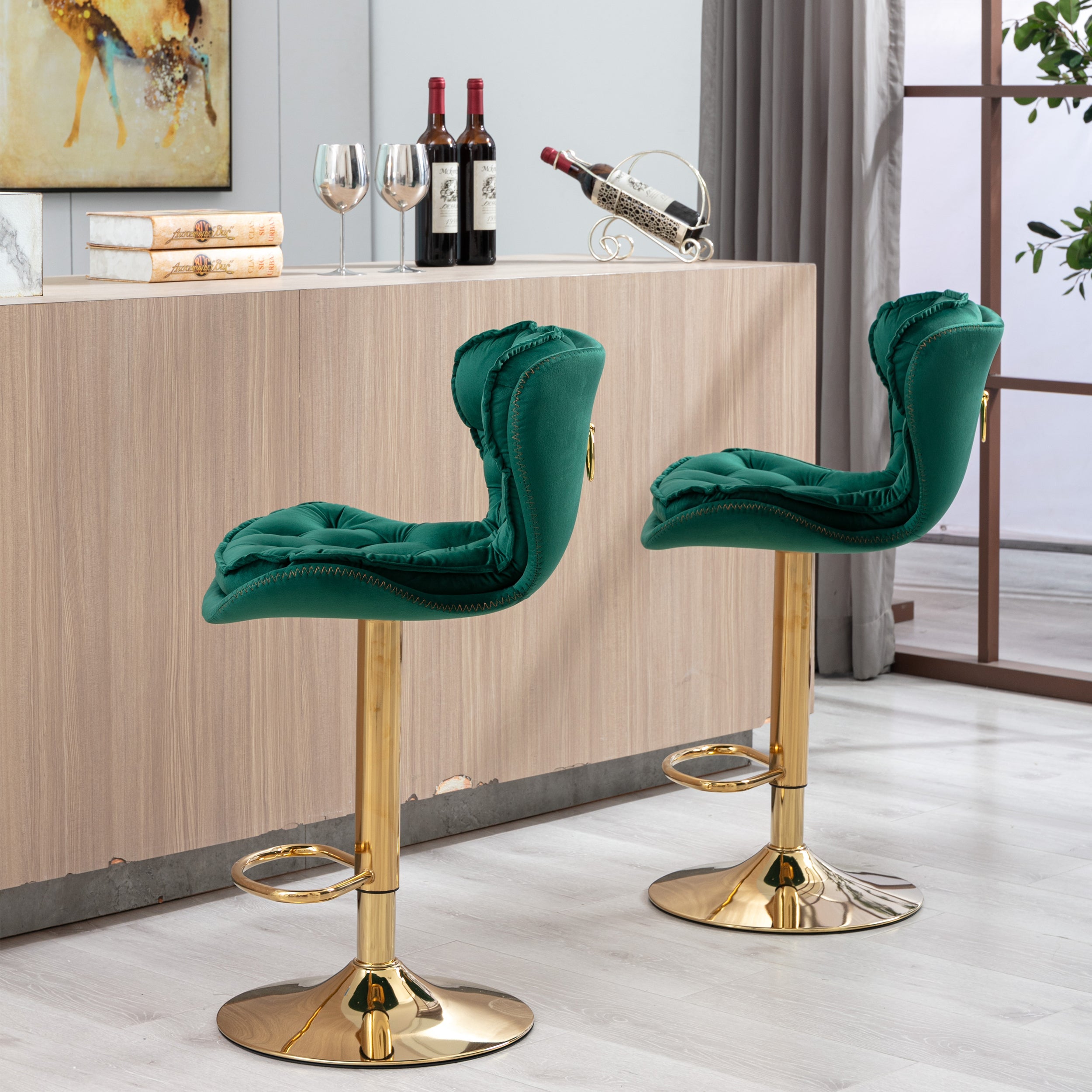 Velvet Bar Stools Set of 2 - Gold Base Adjustable Swivel Counter