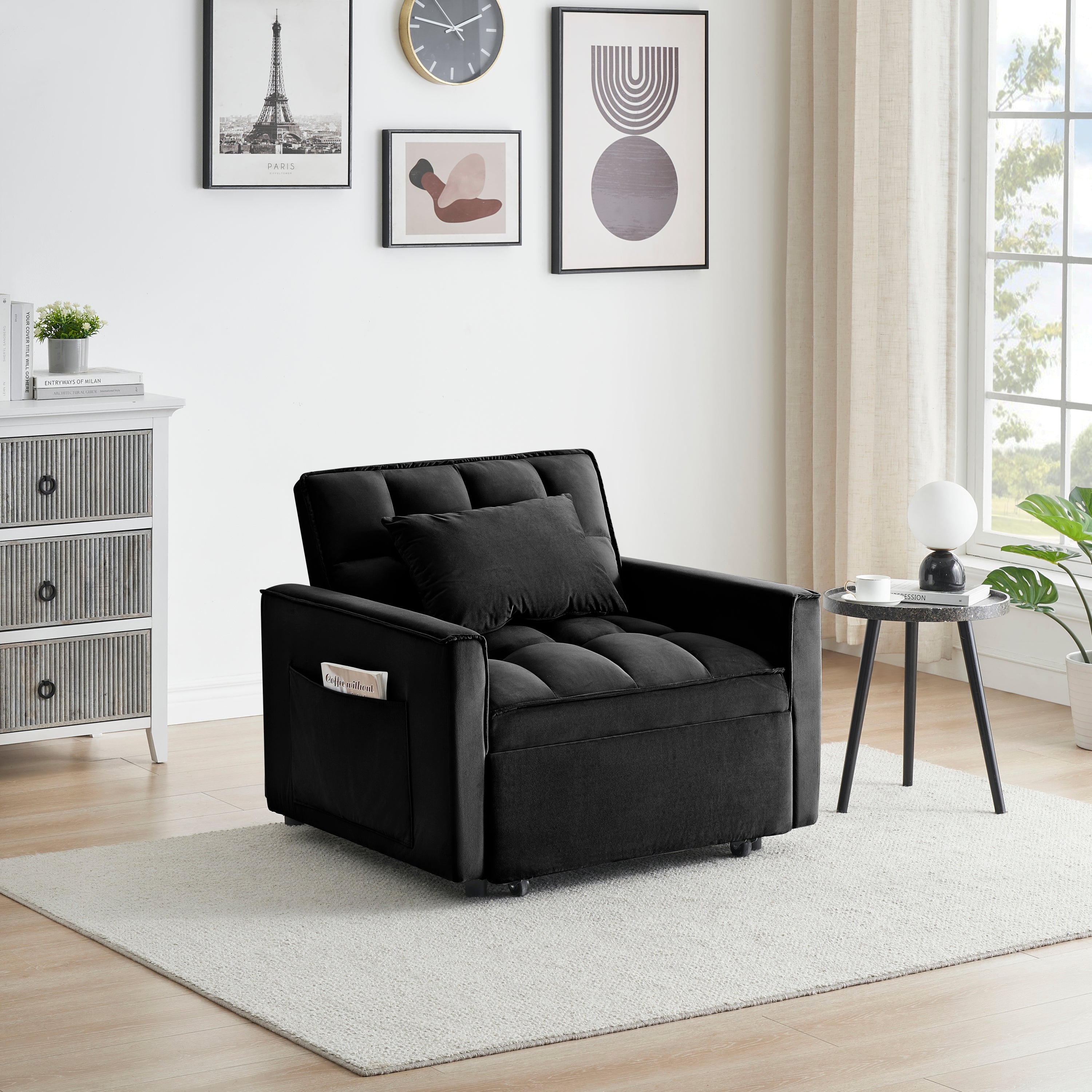 Velvet Foldable Sofa Bed Adjustable Back with USB, Ashtray & Phone Stand