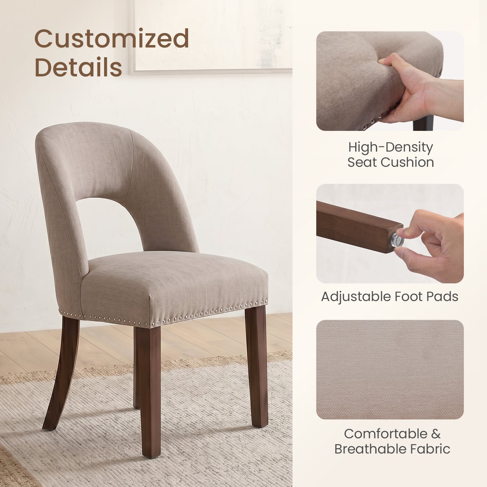 Firmoz Farmhouse Hollow Back Dining Chairs with Nailhead Trim & Rubberwood Legs