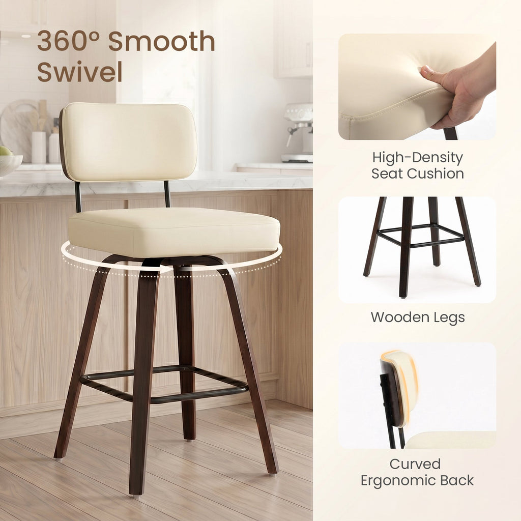 Firmoz Modern PU Swivel Bar Stools with Solid Wood Legs & Ergonomic Backrest