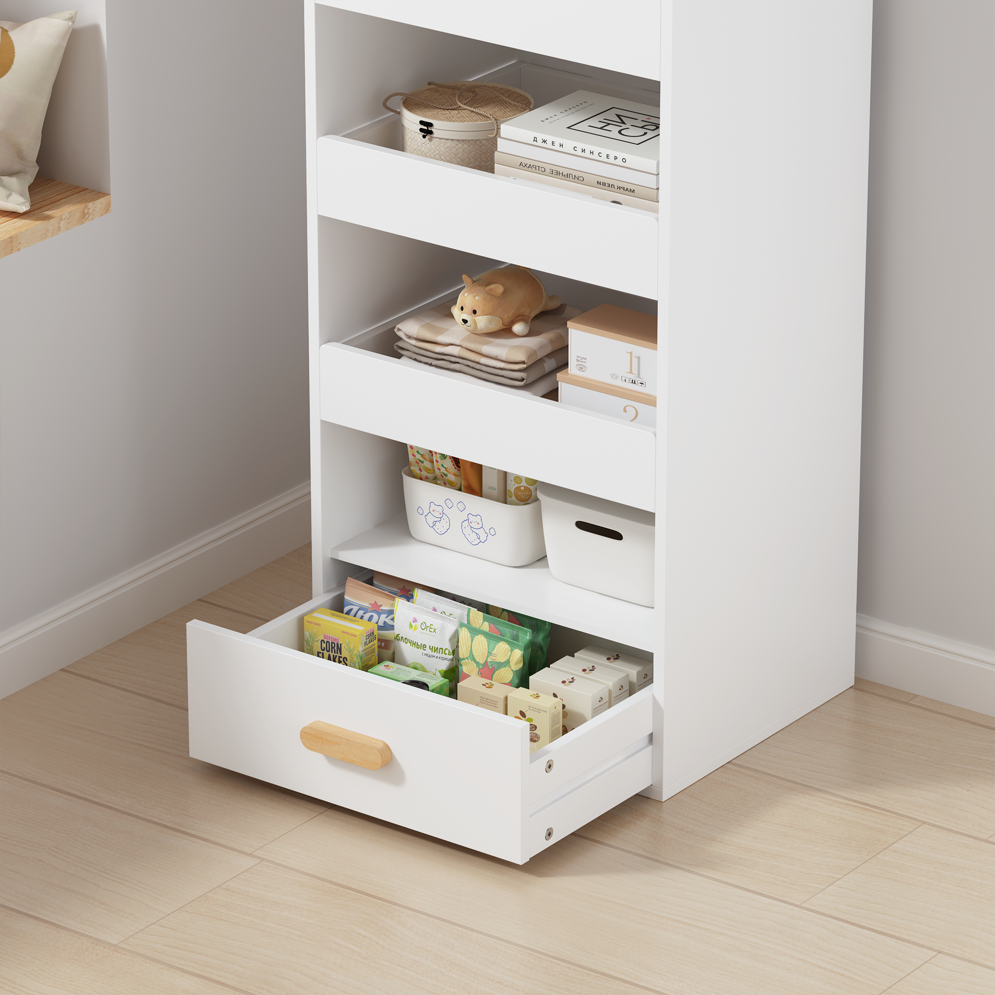 4-Tier Freestanding Bookshelf with 3 Sliding Drawers and 1 Bottom Drawer