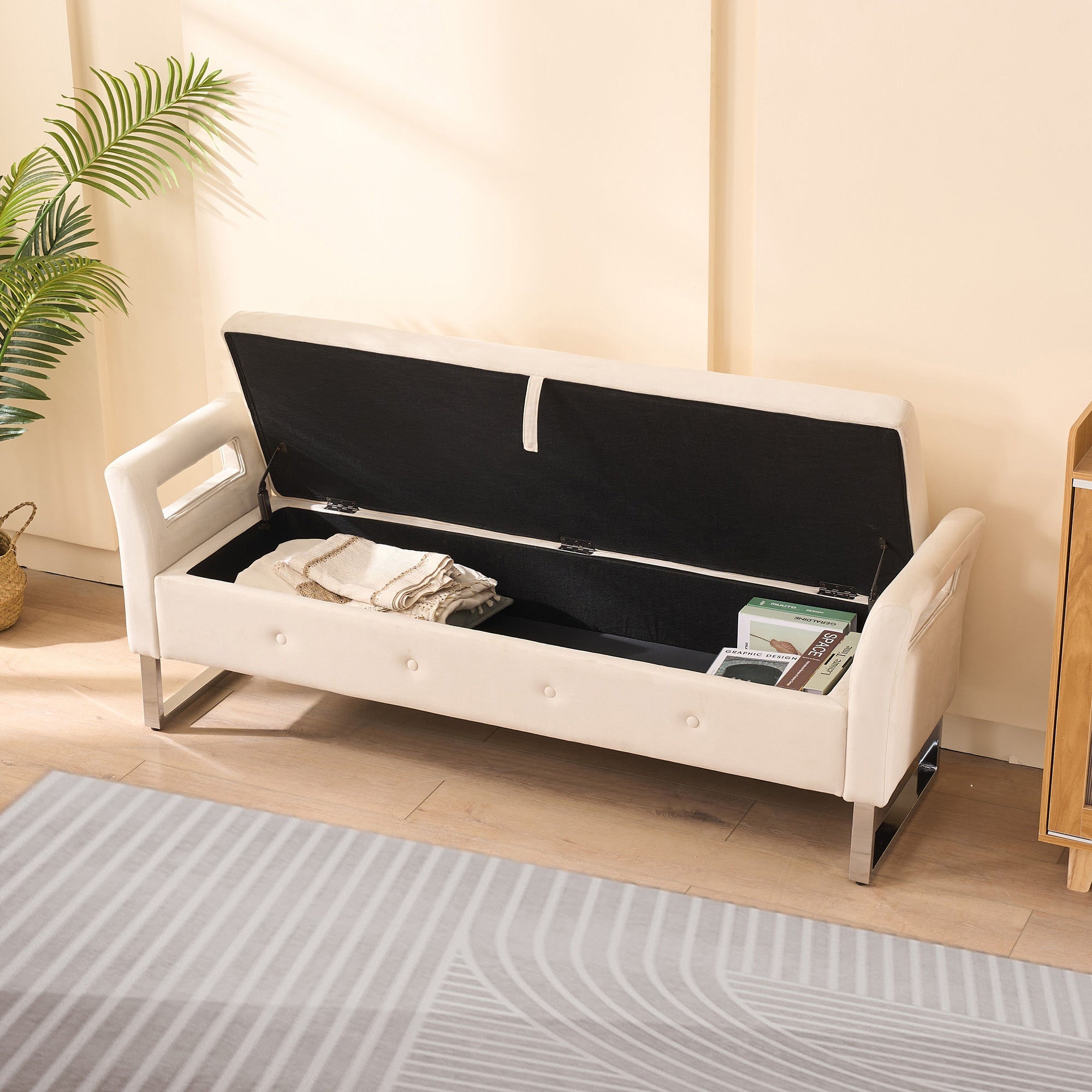 67.91' Wide Velvet Storage Soft Ottoman Bench with Armrests