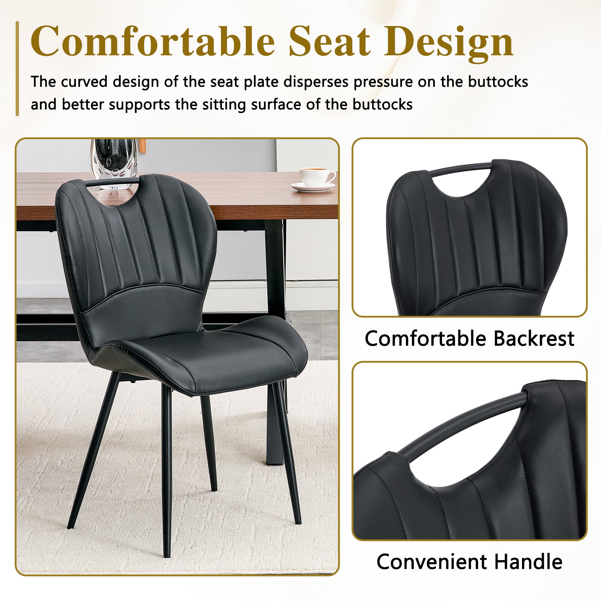 Set of 4 Fabric Dining Chairs Black Metal Frame Wide Cushioned Comfortable