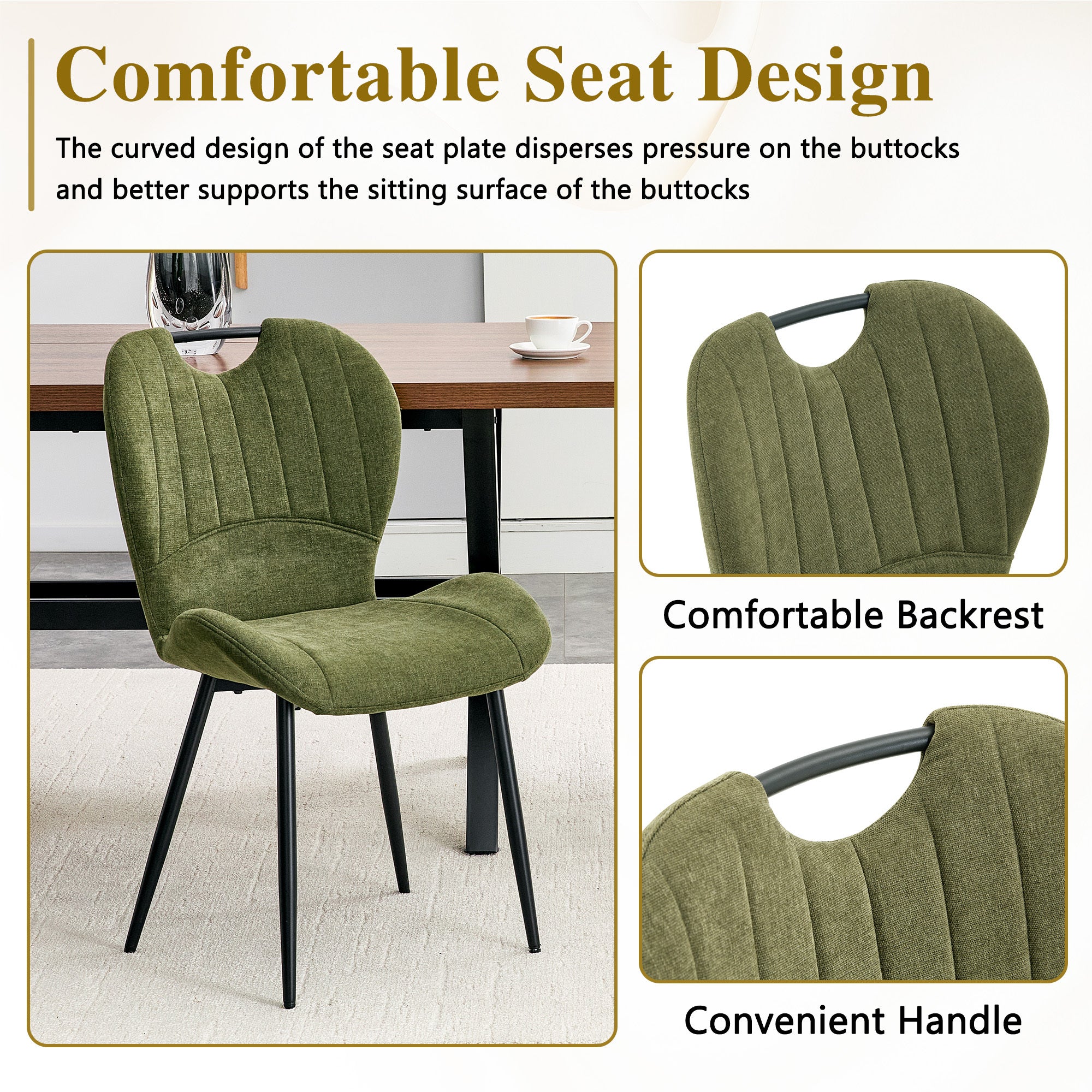 Set of 4 Fabric Dining Chairs Black Metal Frame Wide Cushioned Comfortable