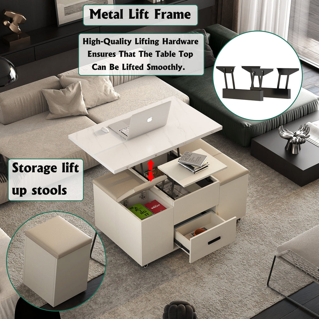 Modern Lift-Up Coffee Table with 4 Stools Set
