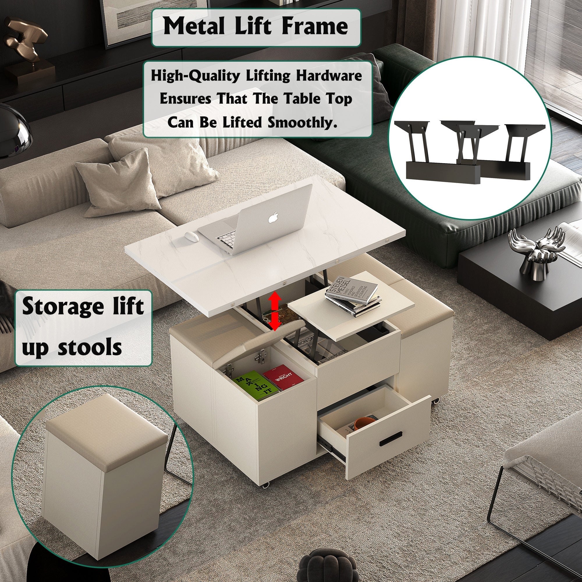 Modern Lift-Up Coffee Table with 4 Stools Set