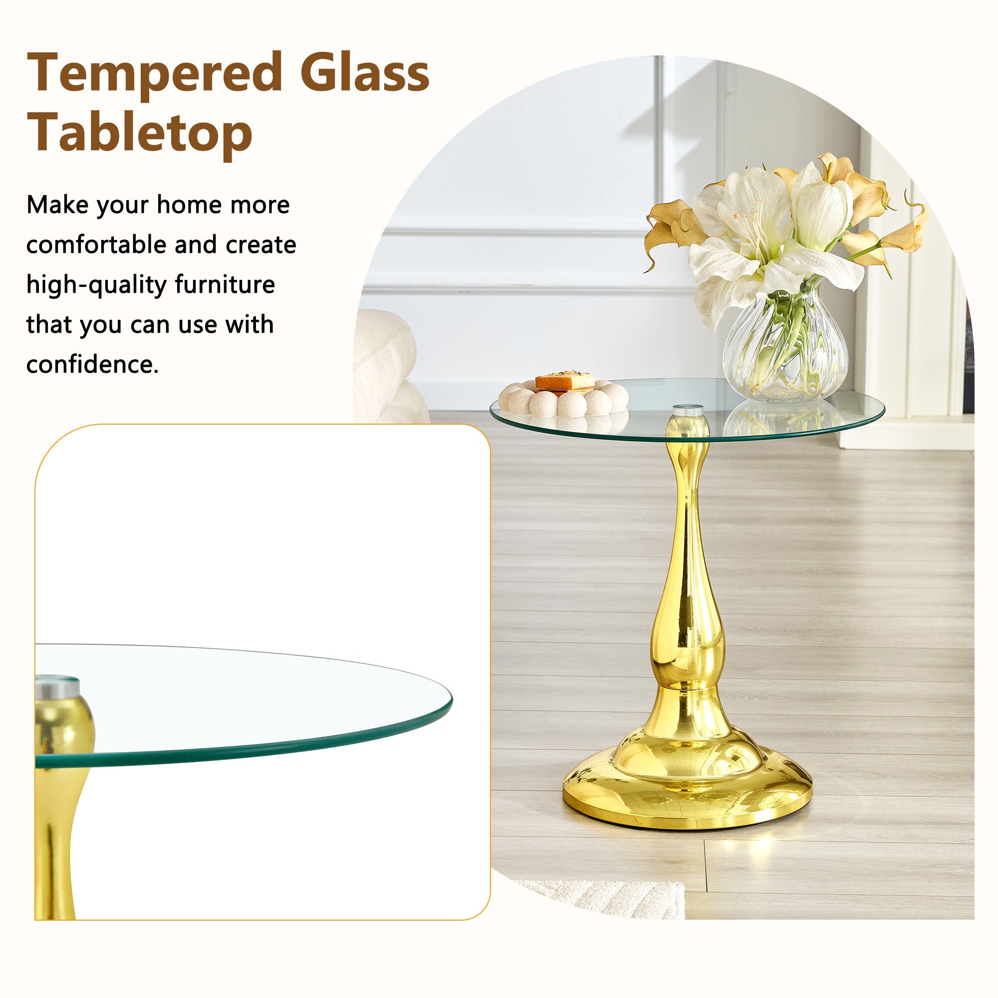 20" Small Luxury Metal Round Side Table with a Glass Top