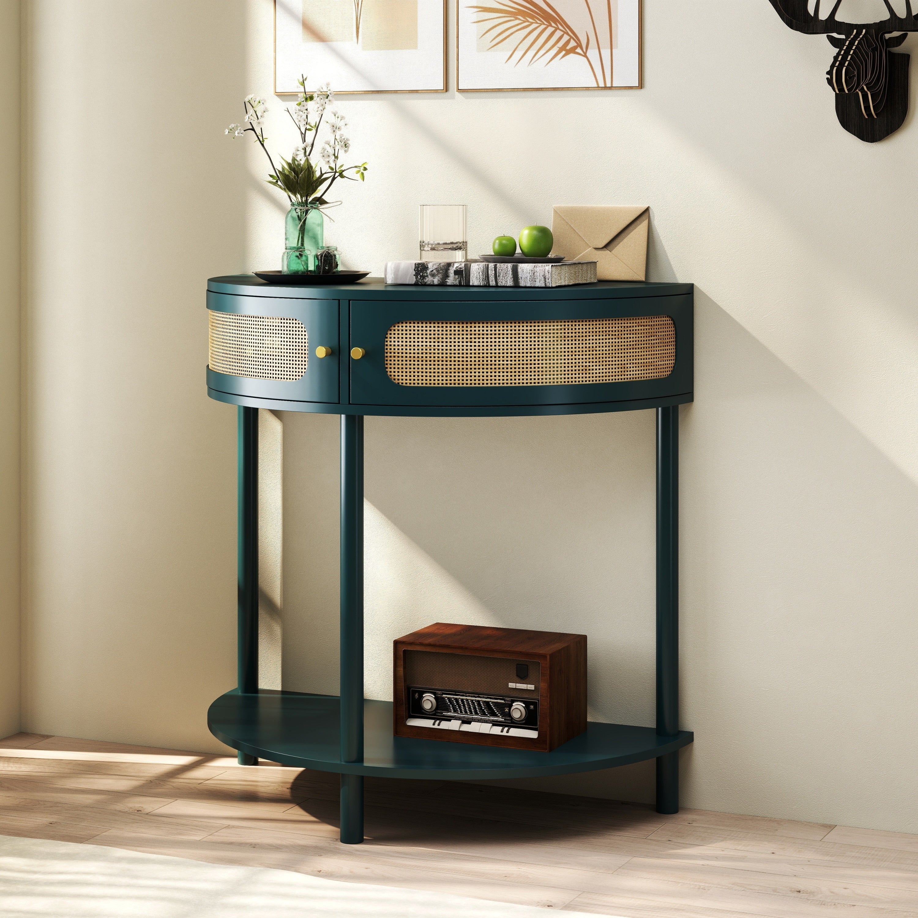 Rattan Semi Circle End Table with 2 Rattan Storage Cabinet