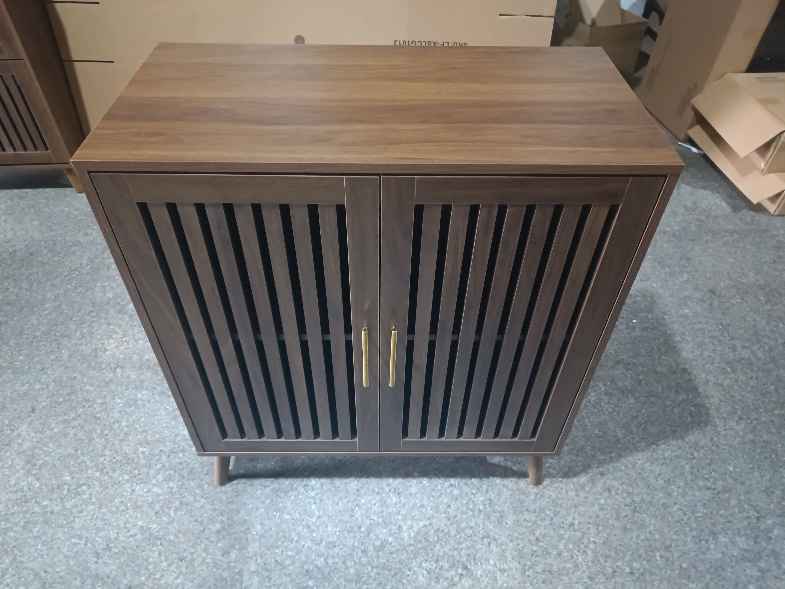 Farmhouse Walnut Sideboard Buffet Cabinet With Louvered Doors