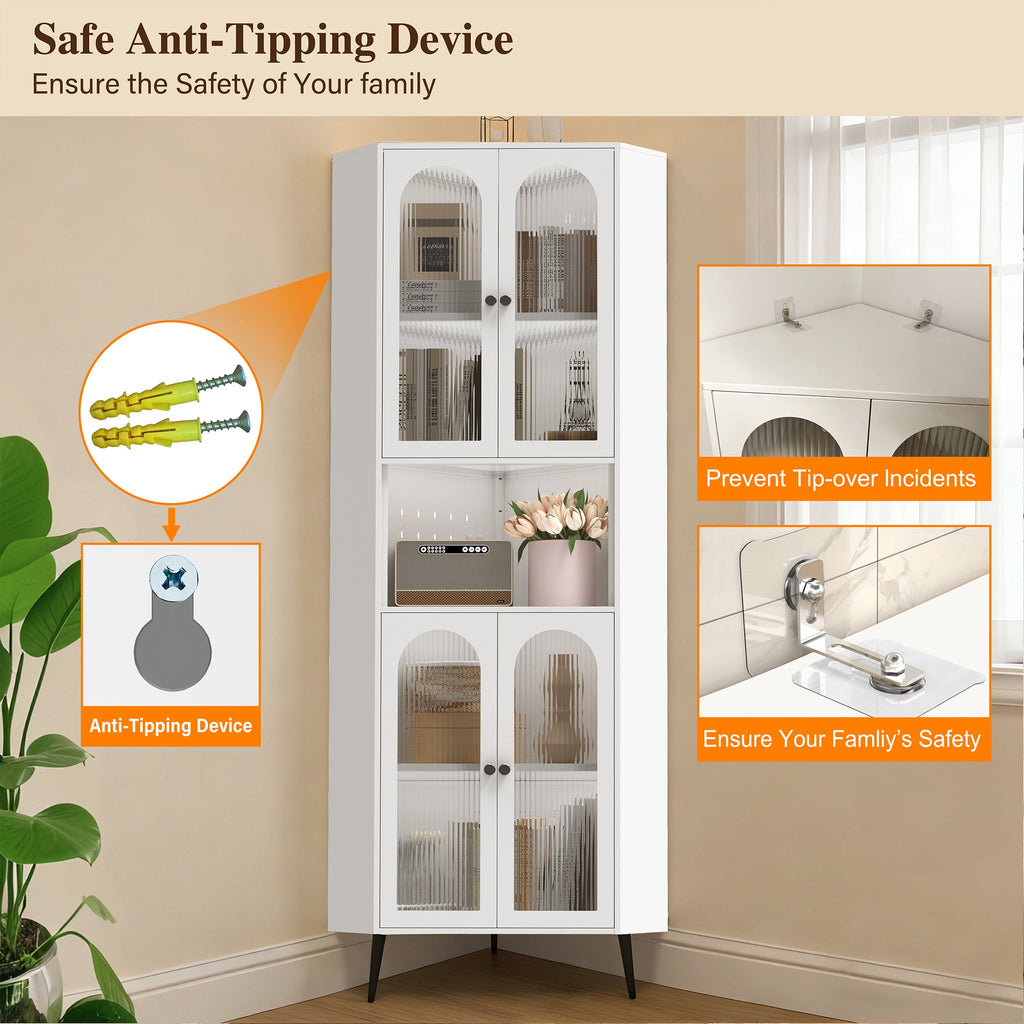 White 73in Corner Storage Cabinet Metal with Doors Adjustable Shelves Space-Saving