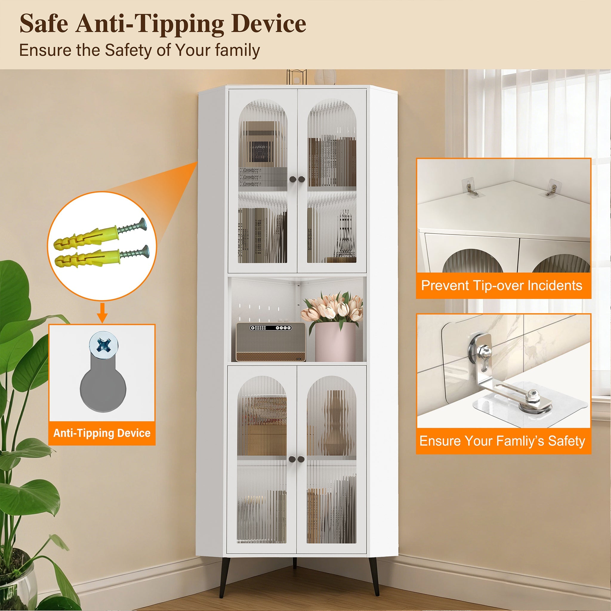 White 73in Corner Storage Cabinet Metal with Doors Adjustable Shelves Space-Saving