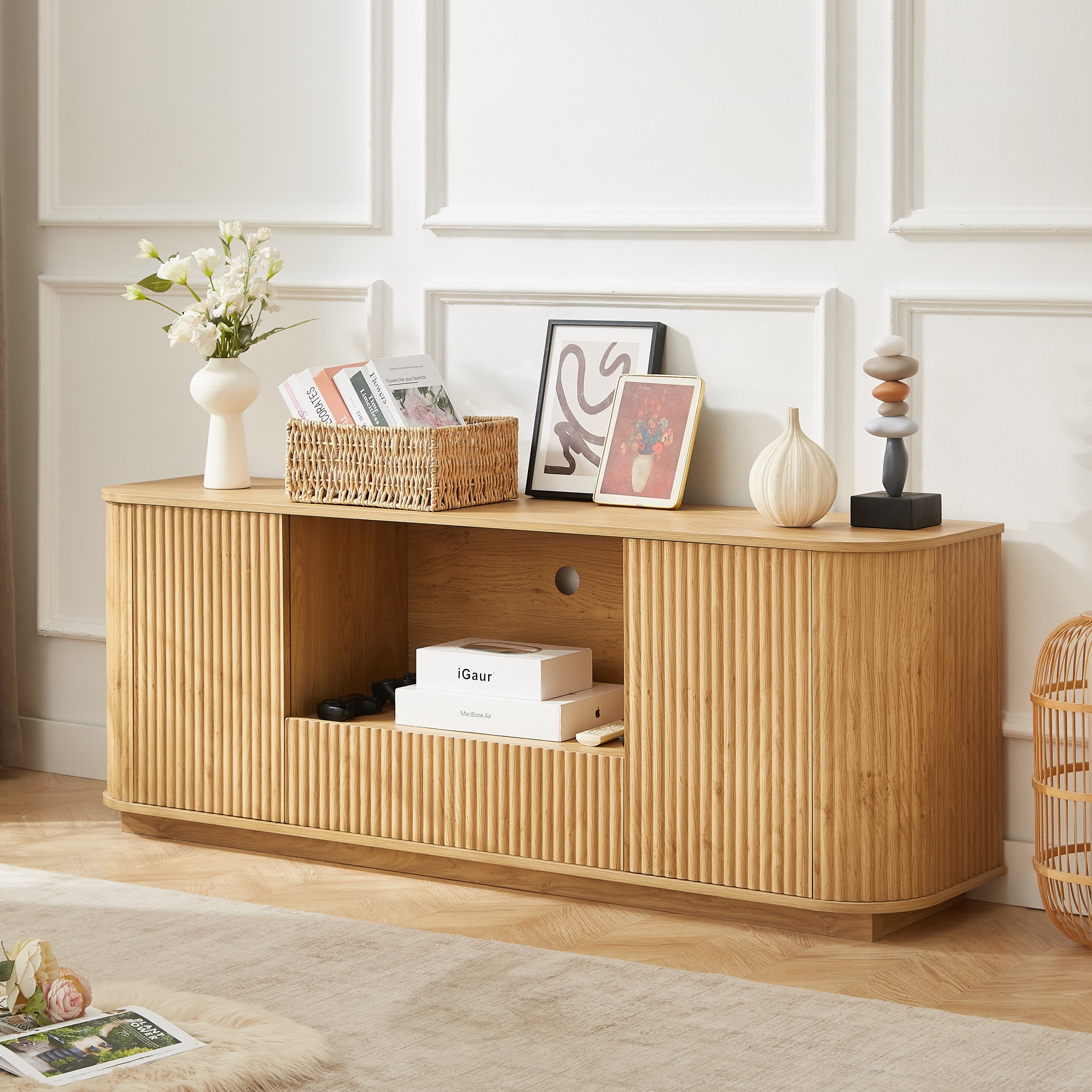 64-Inch Wavy Wooden Vertical Stripe TV Stand Cabinet