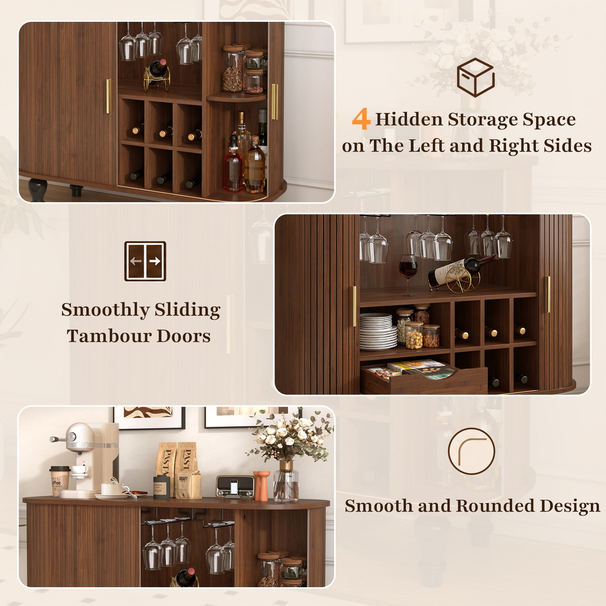 39" Fluted Liquor and Coffee Bar Cabinet with Wine Racks Glass Holders Storage