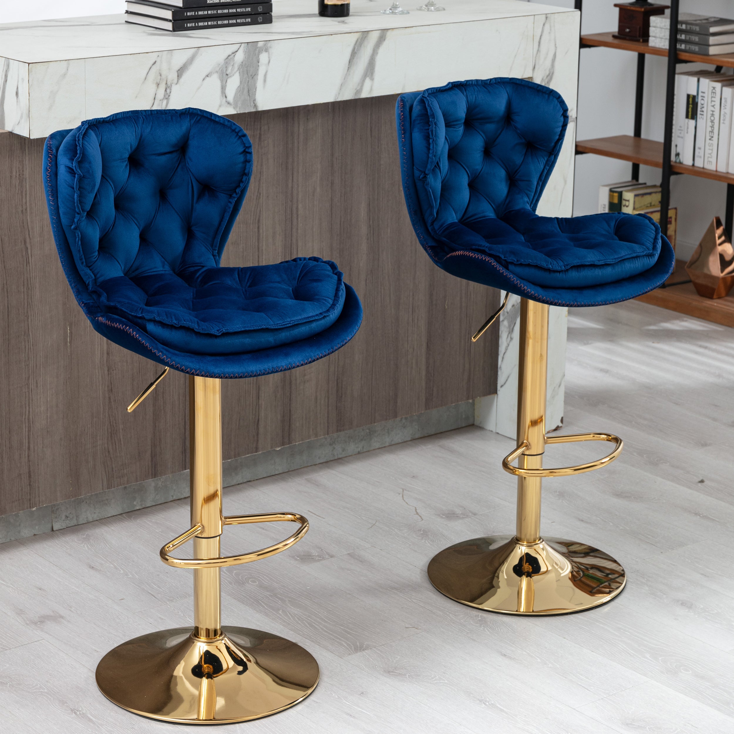 Velvet Bar Stools Set of 2 - Gold Base Adjustable Swivel Counter