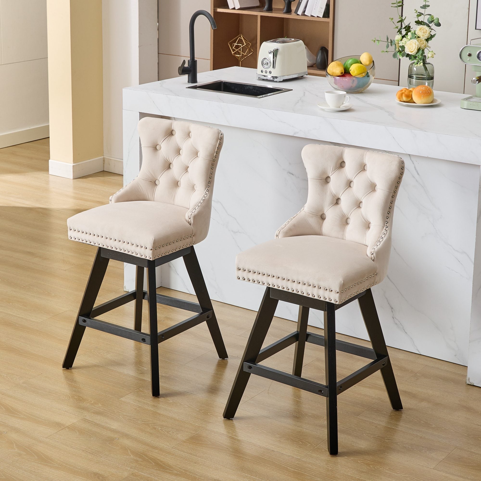 Swivel Velvet Barstools with Button Tufted Decoration (Set of 2)