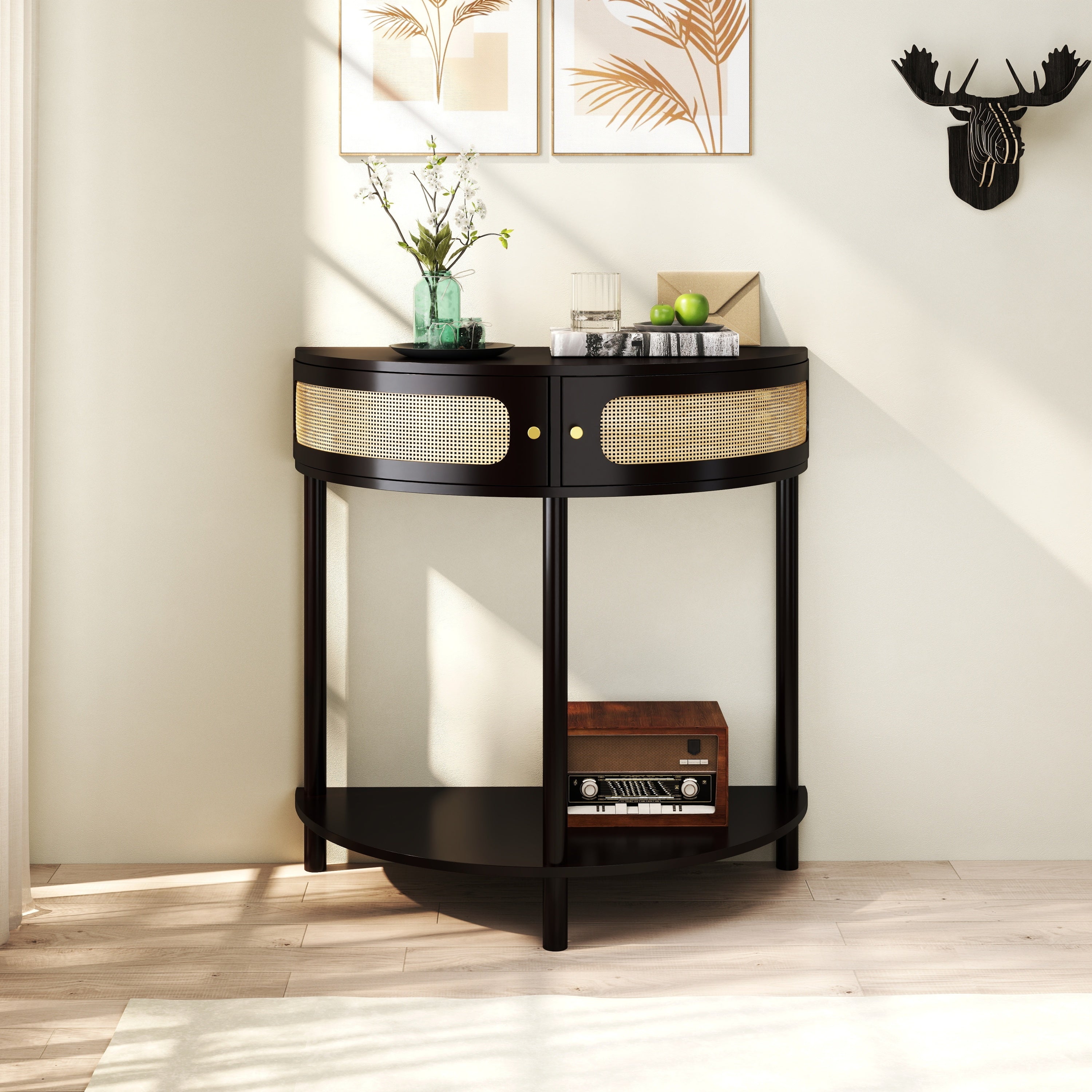 Rattan Semi Circle End Table with 2 Rattan Storage Cabinet