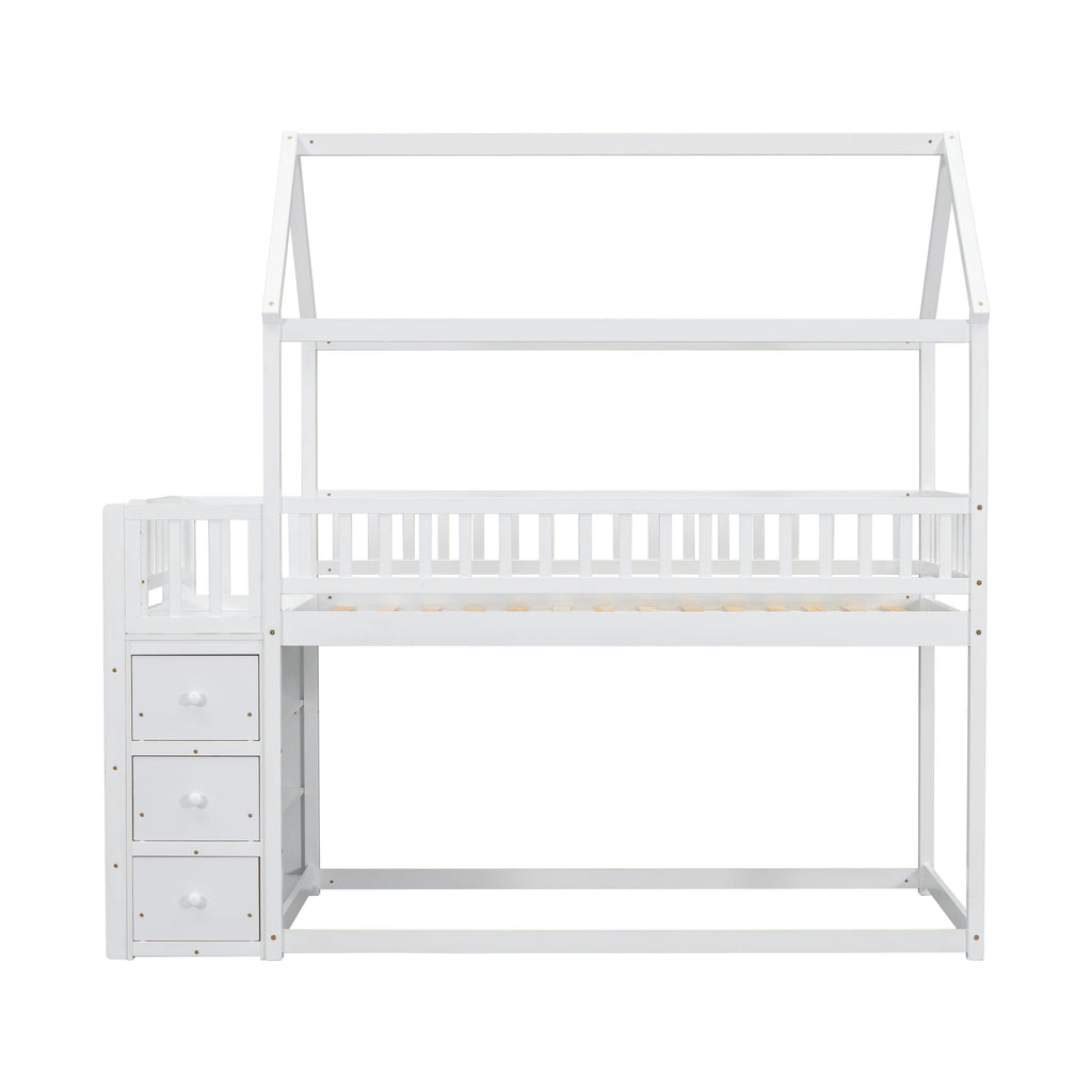 Twin House Bunk Bed with Shelves and Drawers