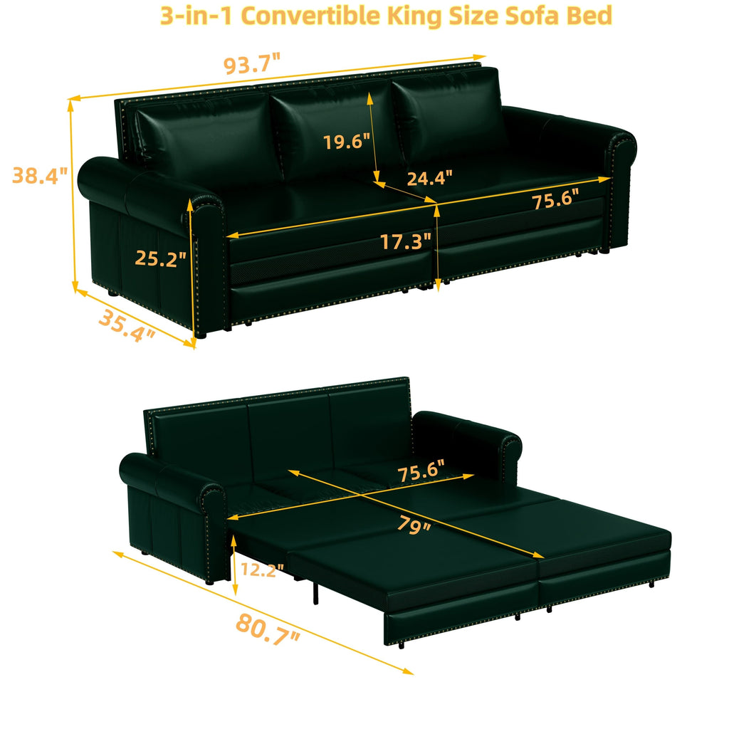 3-in-1 Faux Leather Convertible Sleeper Sofa Bed