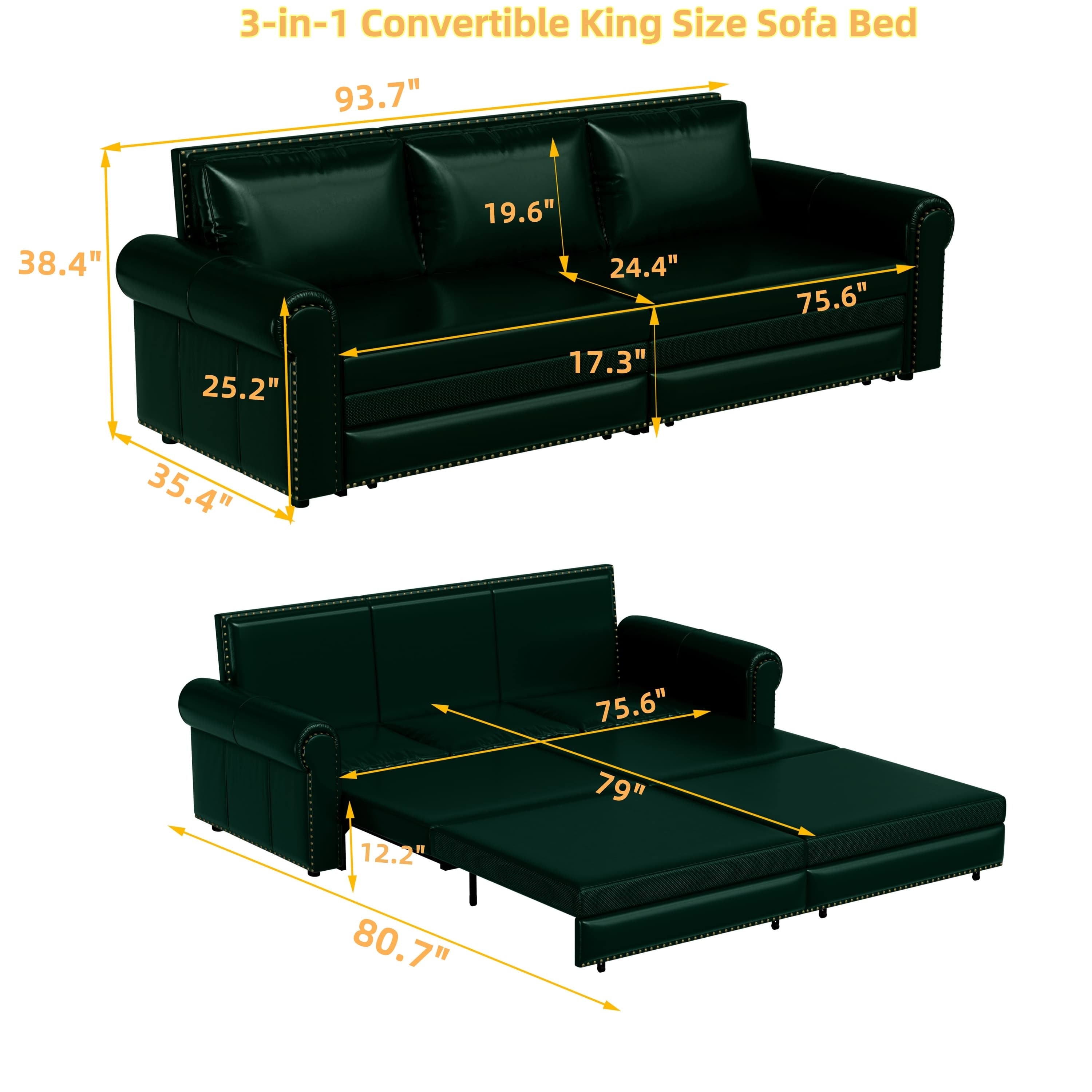3-in-1 Faux Leather Convertible Sleeper Sofa Bed