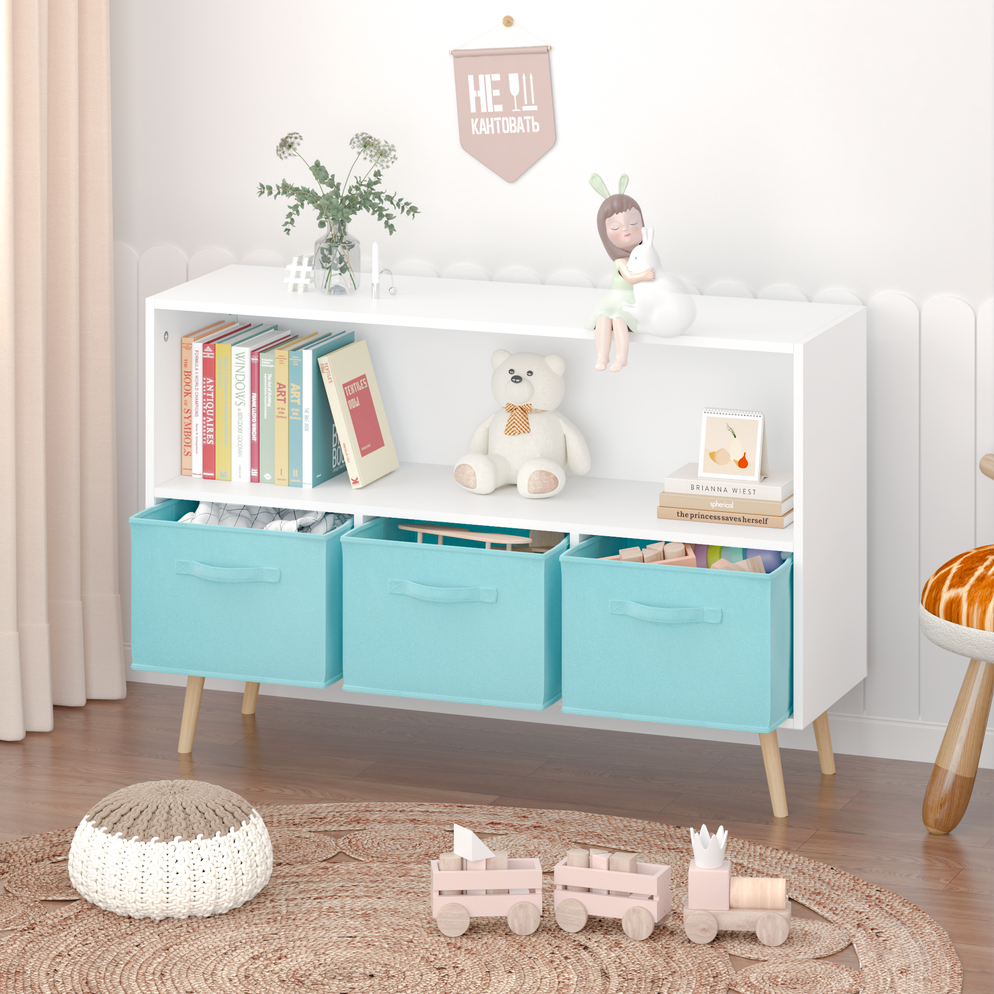 Children's Book Display Kids Bookcase with 3 Fabric Bins