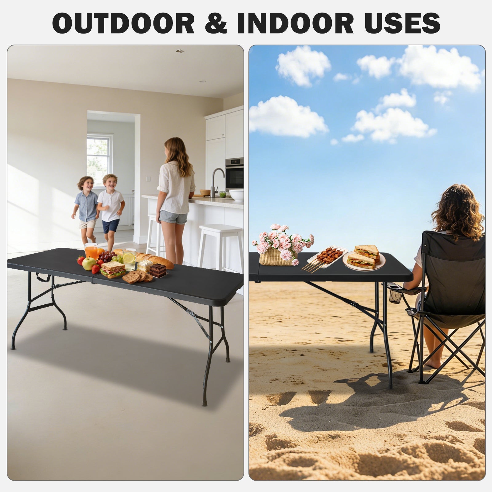 6ft Black Multi-functional Outdoor Folding Leisure Picnic Game Party Table
