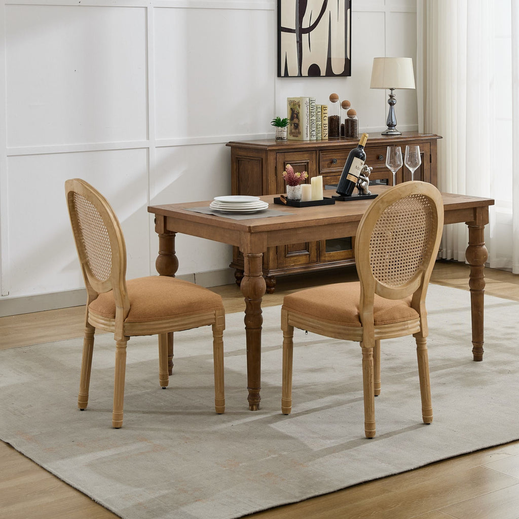 French Style Linen Fabric Rattan Back Dining Chairs (Set of 2)
