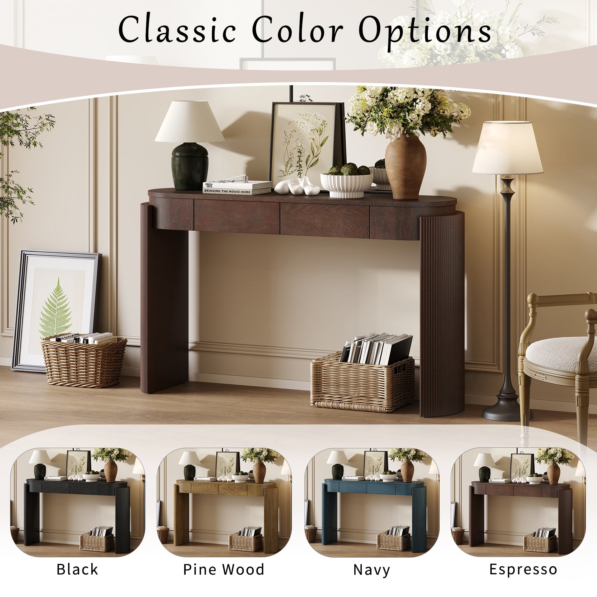 Entryway Console Table with Fluted Legs & Storage Drawers