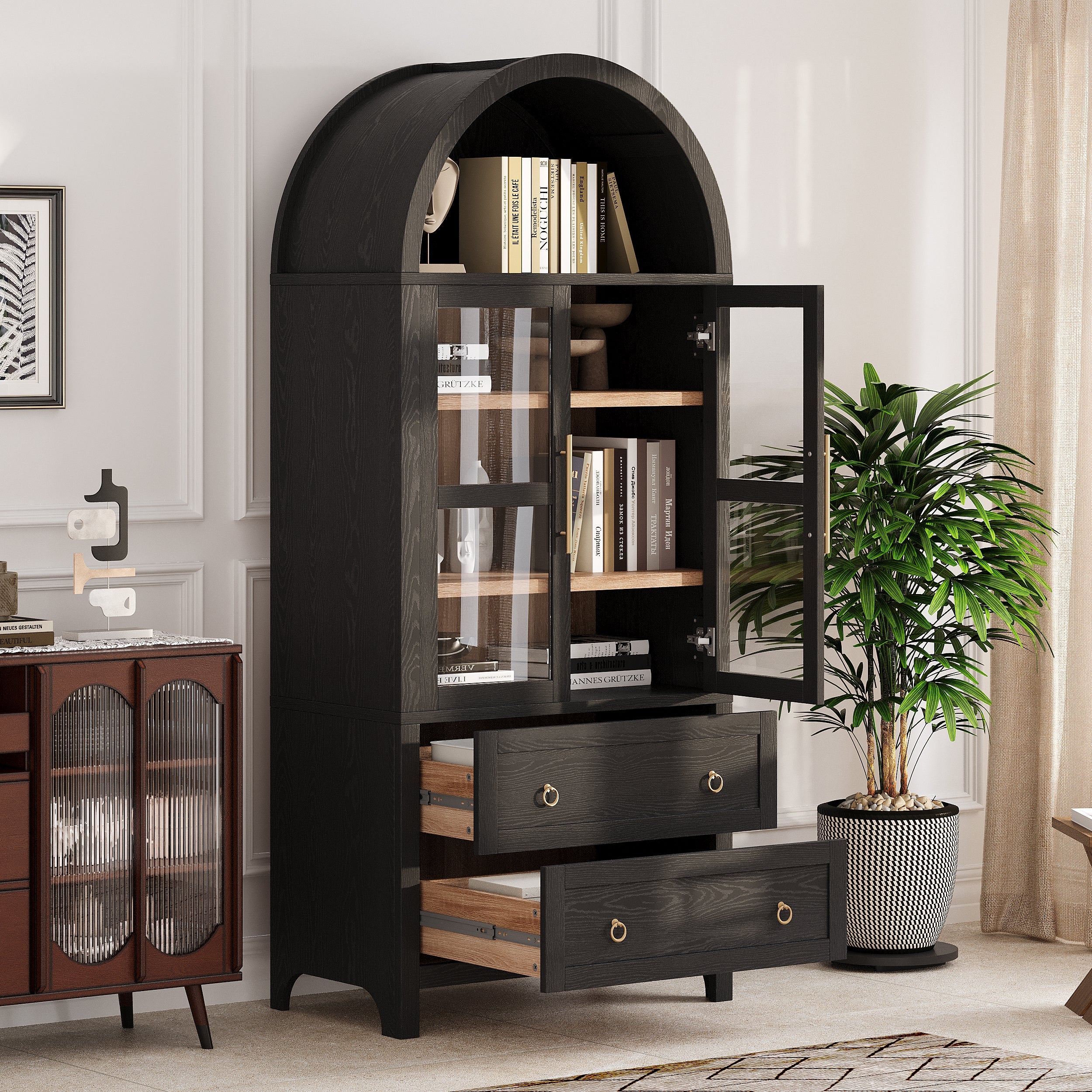 71” Tall Arched Modern Farmhouse Kitchen Pantry Cabinet with 2 Large Drawers