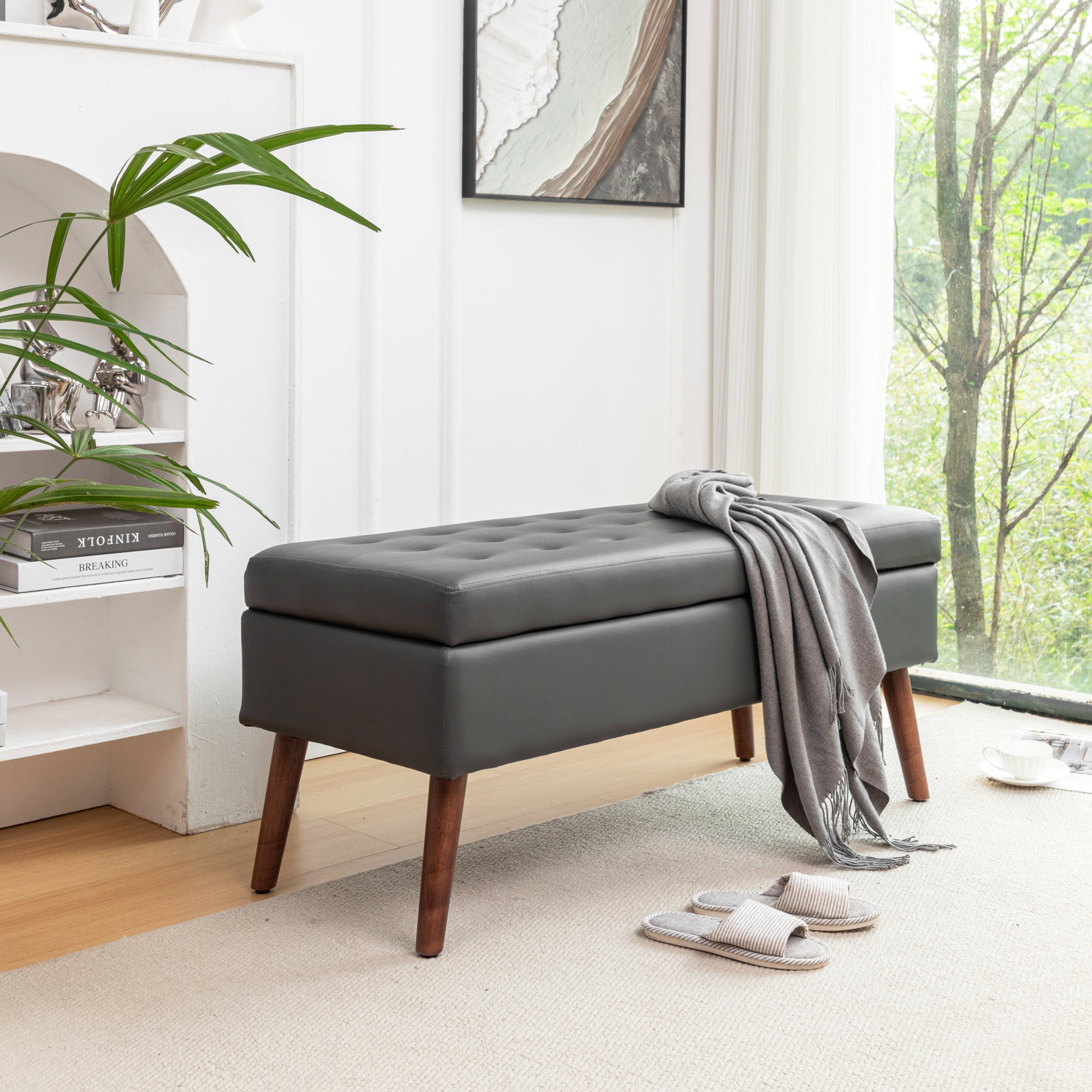 Brown PU Leather Storage Bench
