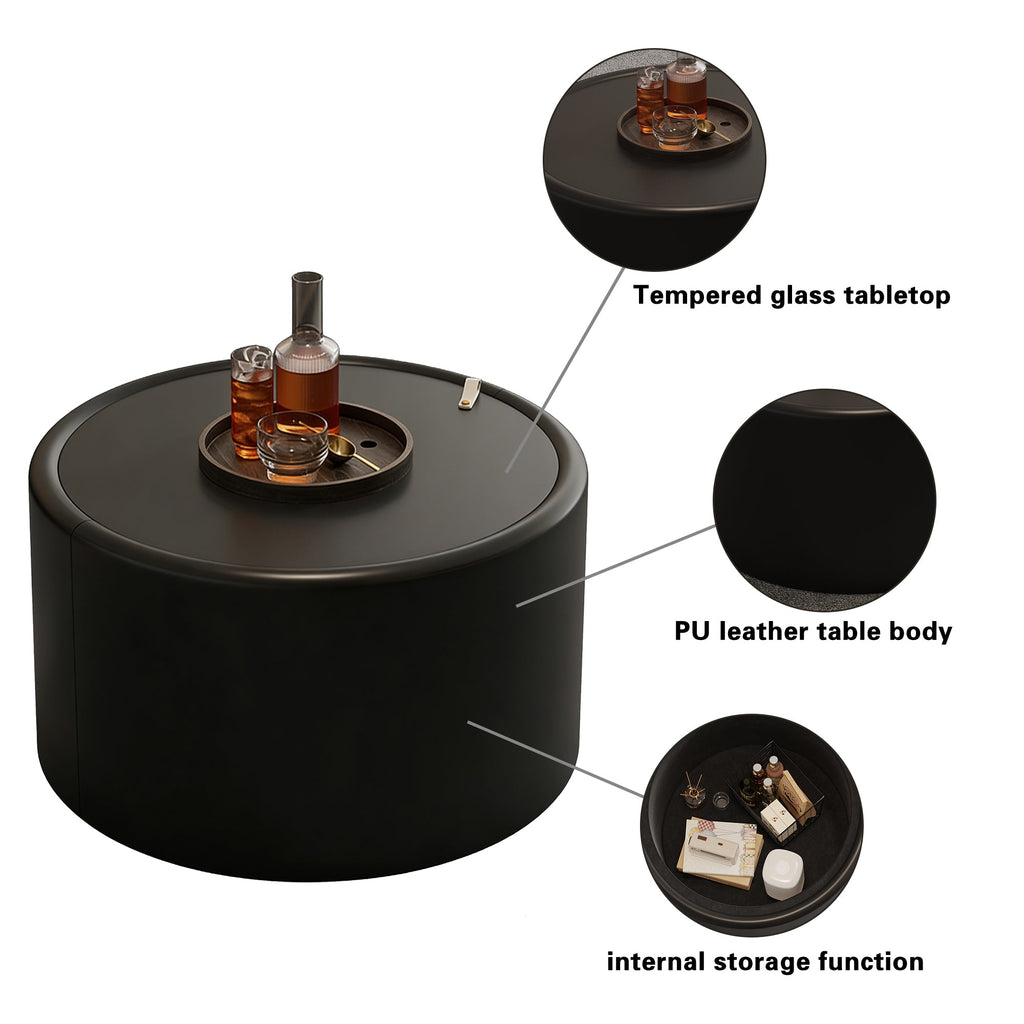 28“  PU Leather Round Coffee Table with Tempered Glass Top