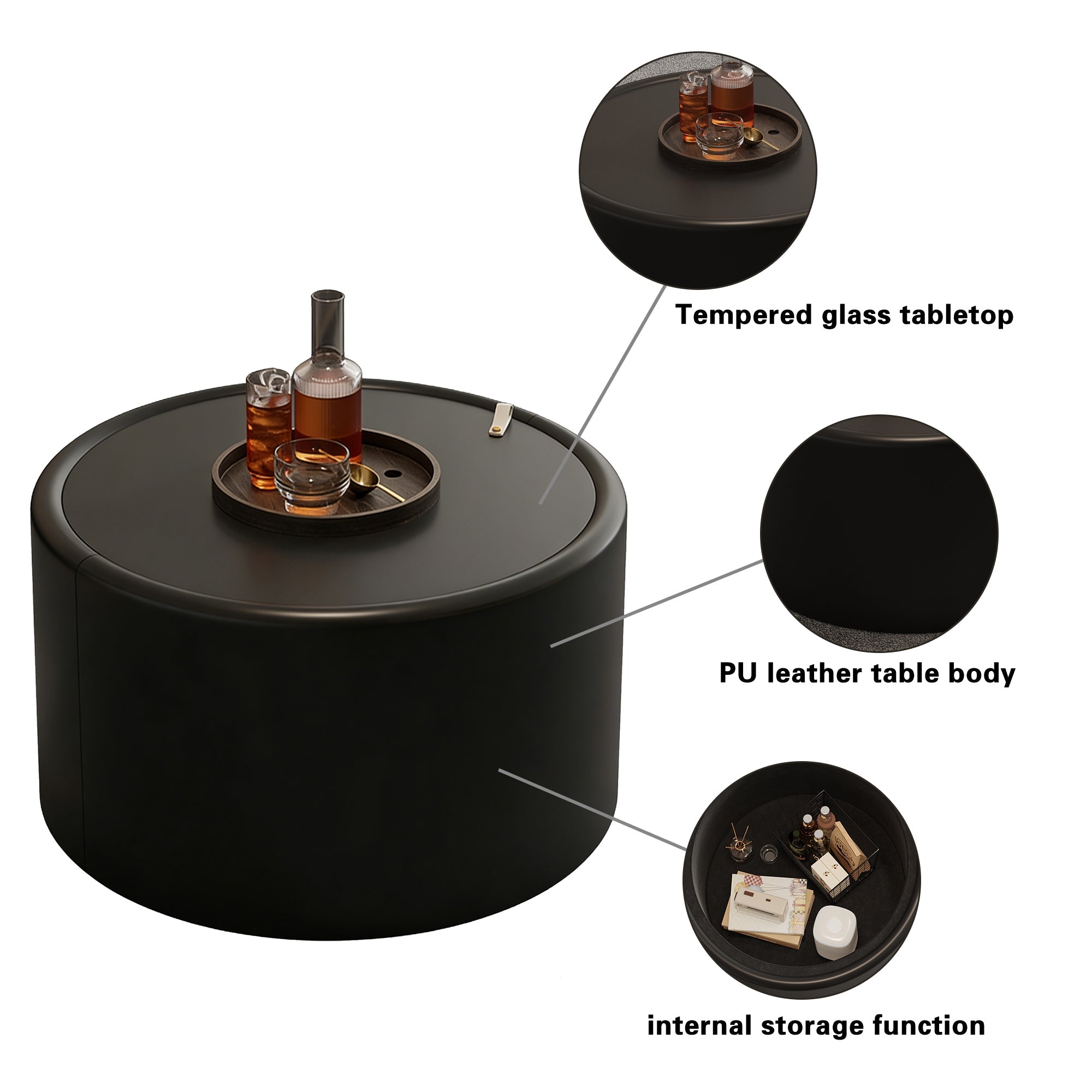 28“  PU Leather Round Coffee Table with Tempered Glass Top