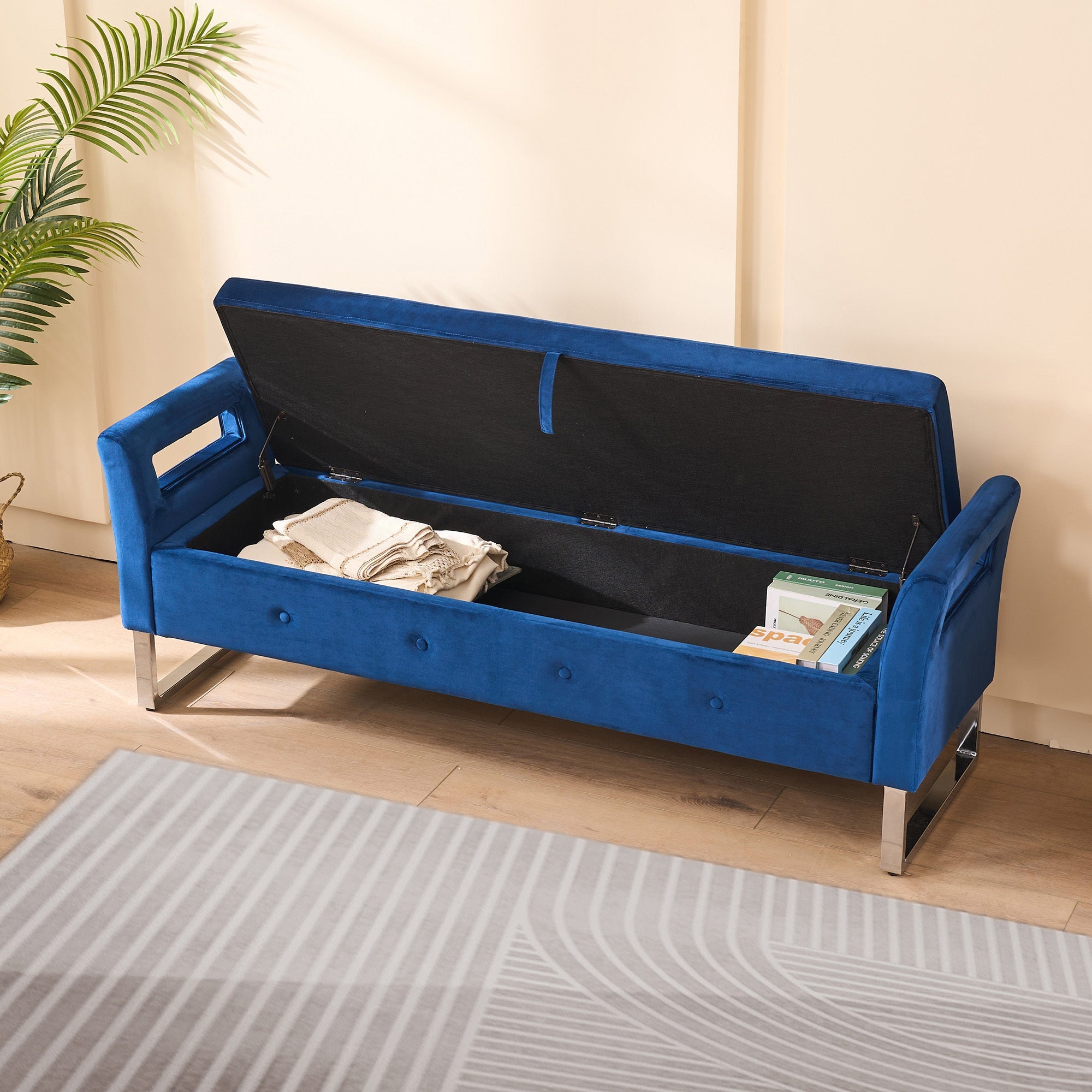 67.91' Wide Velvet Storage Soft Ottoman Bench with Armrests
