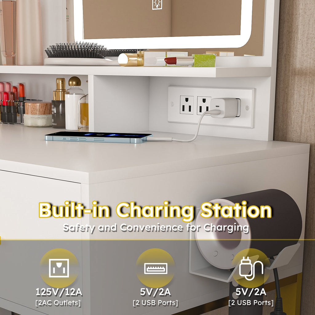 Elegant Makeup Vanity with LED Lights and Power Outlet