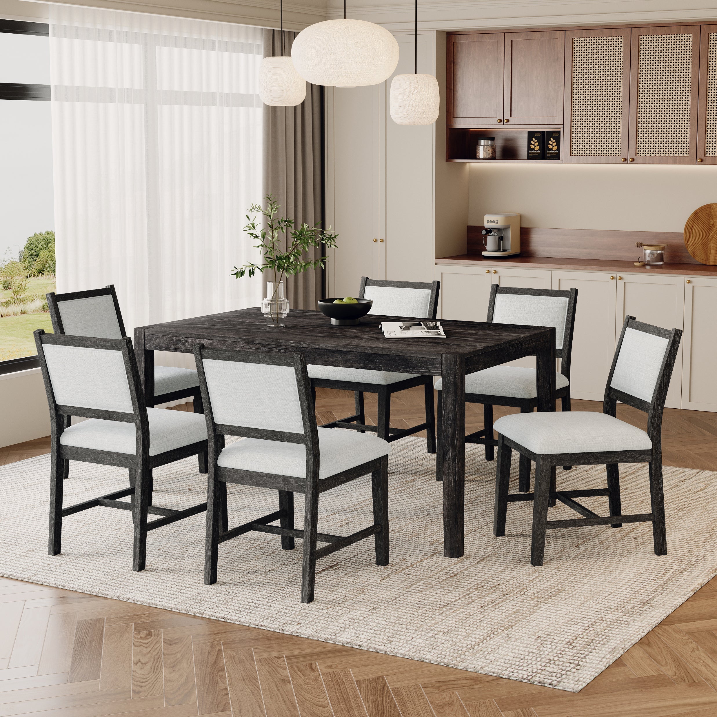 7-Piece Retro Rectangular Wood Dining Table Set
