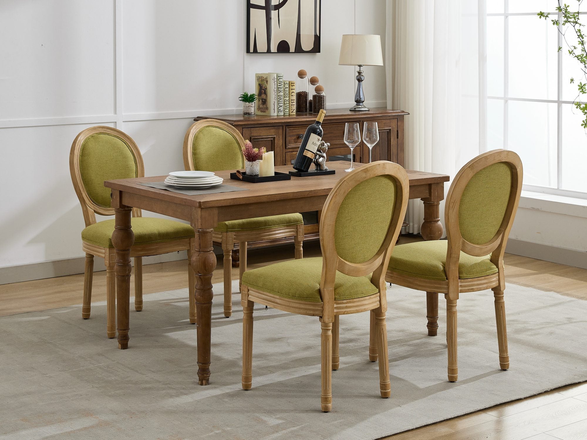 French Style Solid Wood Frame Linen Fabric Back Dining Chair (Set of 2)