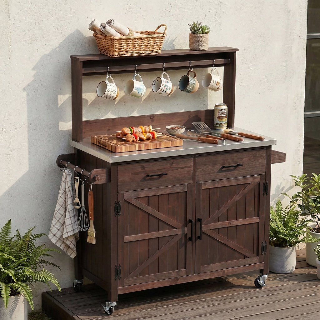 54.1" Outdoor Kitchen Island with High Shelf, Stainless Steel Top & Storage Cabinet