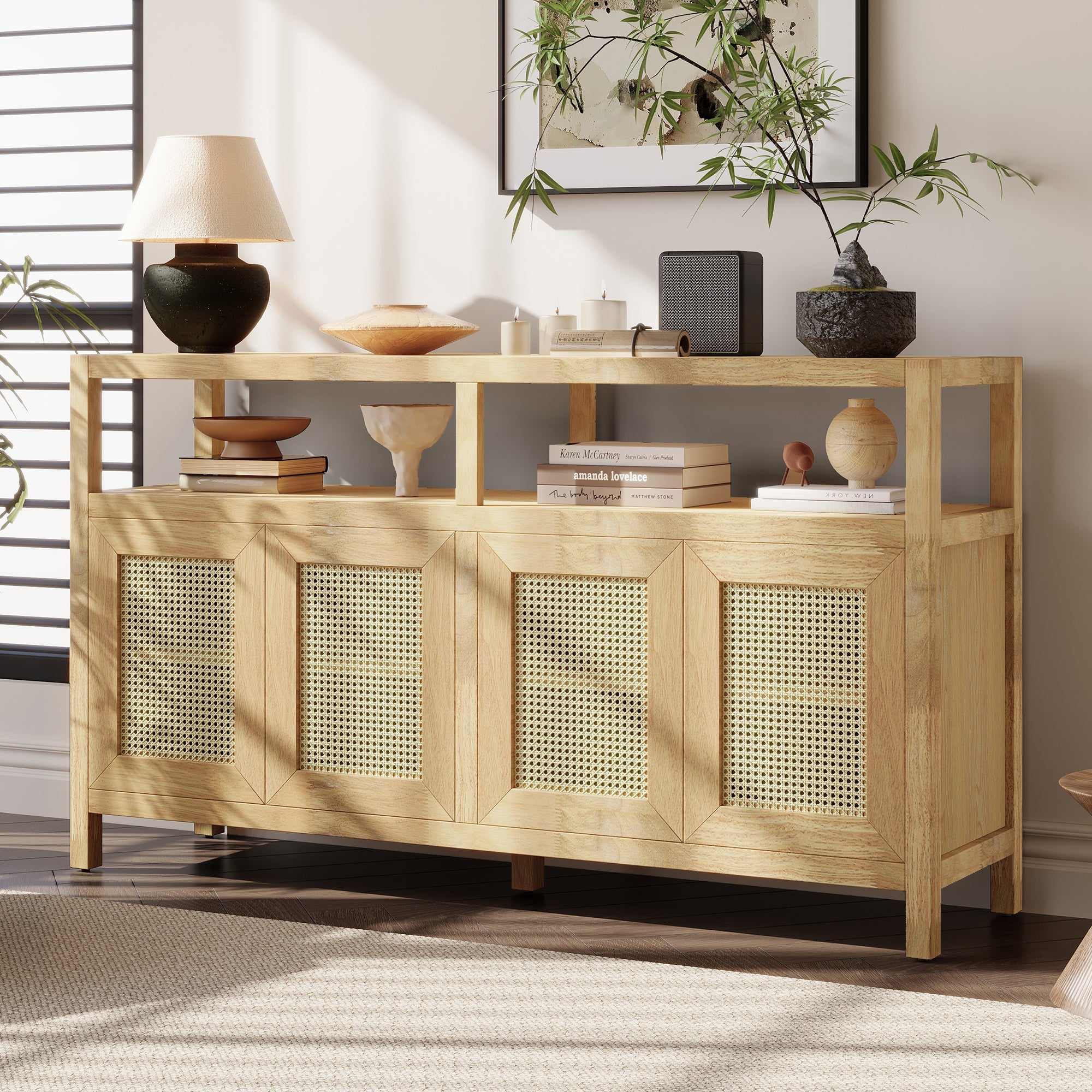 Bohemian Style Rattan Storage Cabinet with 3-position Adjustable Shelves