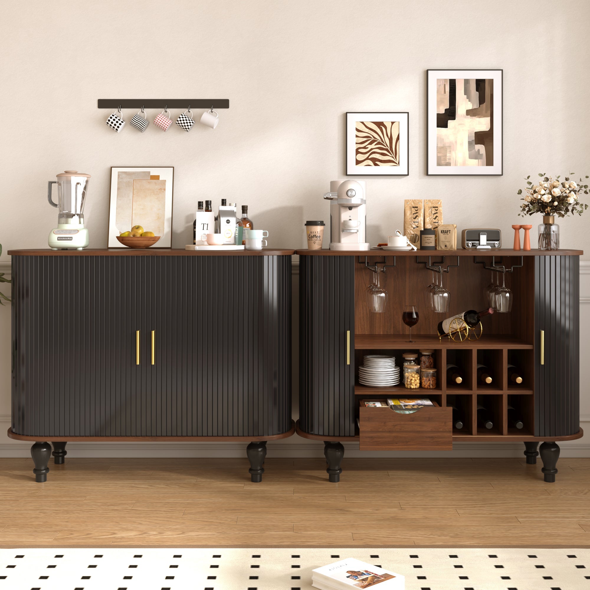 39" Fluted Liquor and Coffee Bar Cabinet with Wine Racks Glass Holders Storage