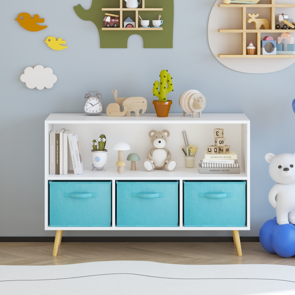 Children's Book Display Kids Bookcase with 3 Fabric Bins