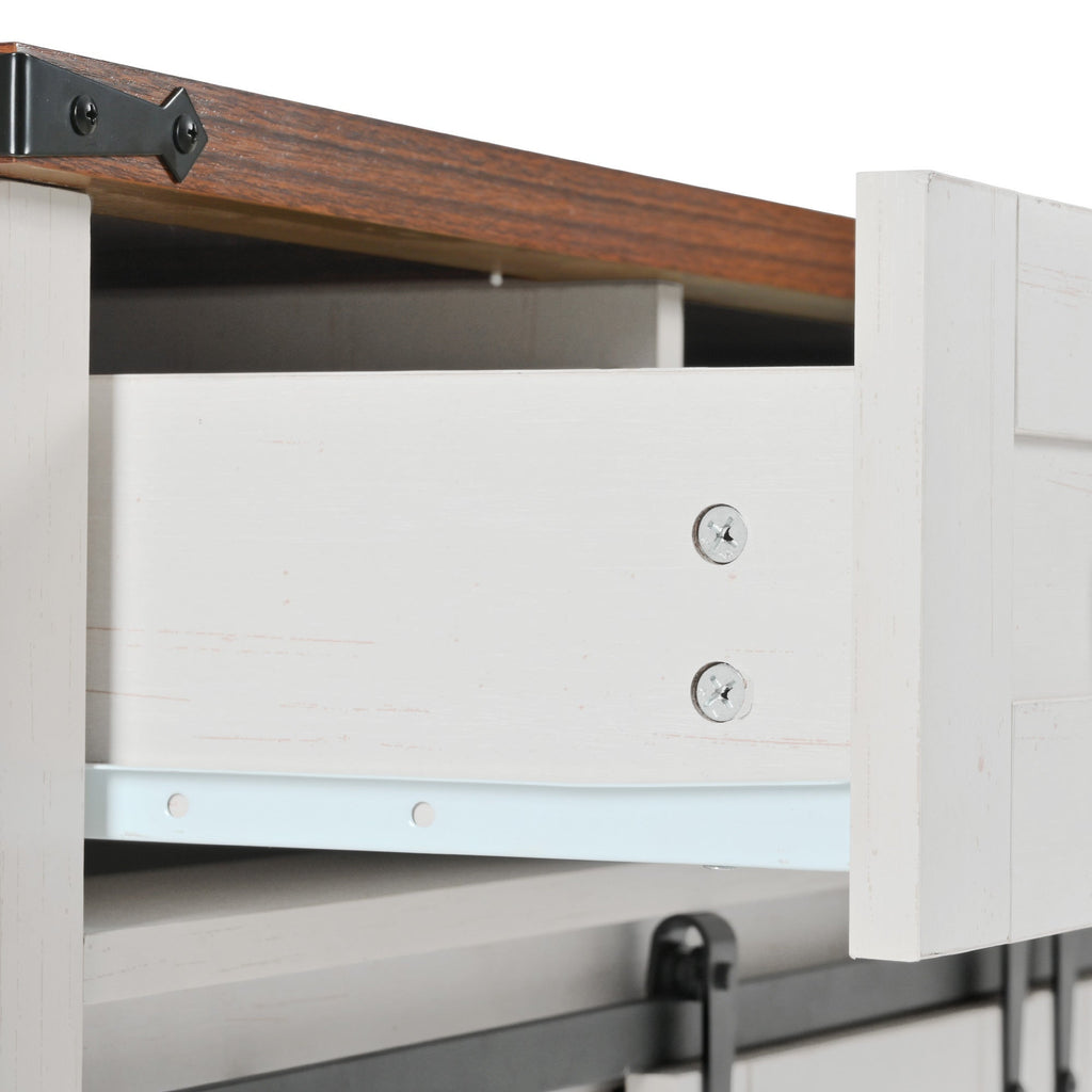 58“ Farmhouse Kitchen Island with Storage Sliding Barn Door Metal Grid Side Door