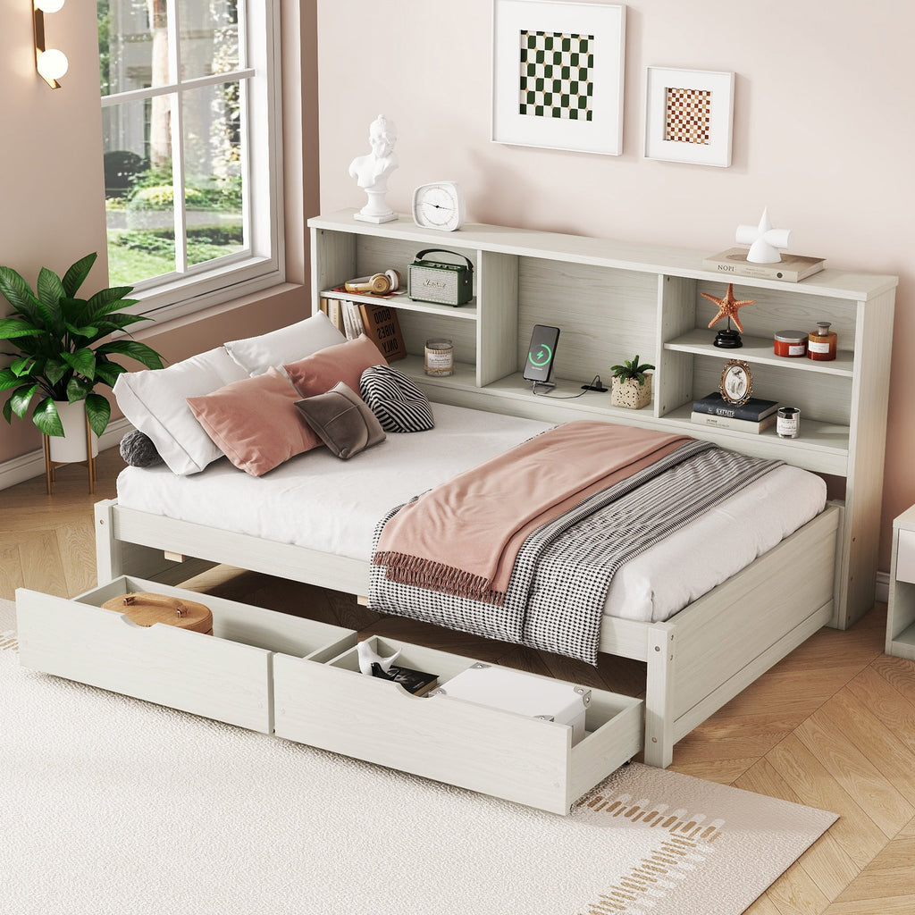 Twin Size Bed Frame with Side Bookshelves