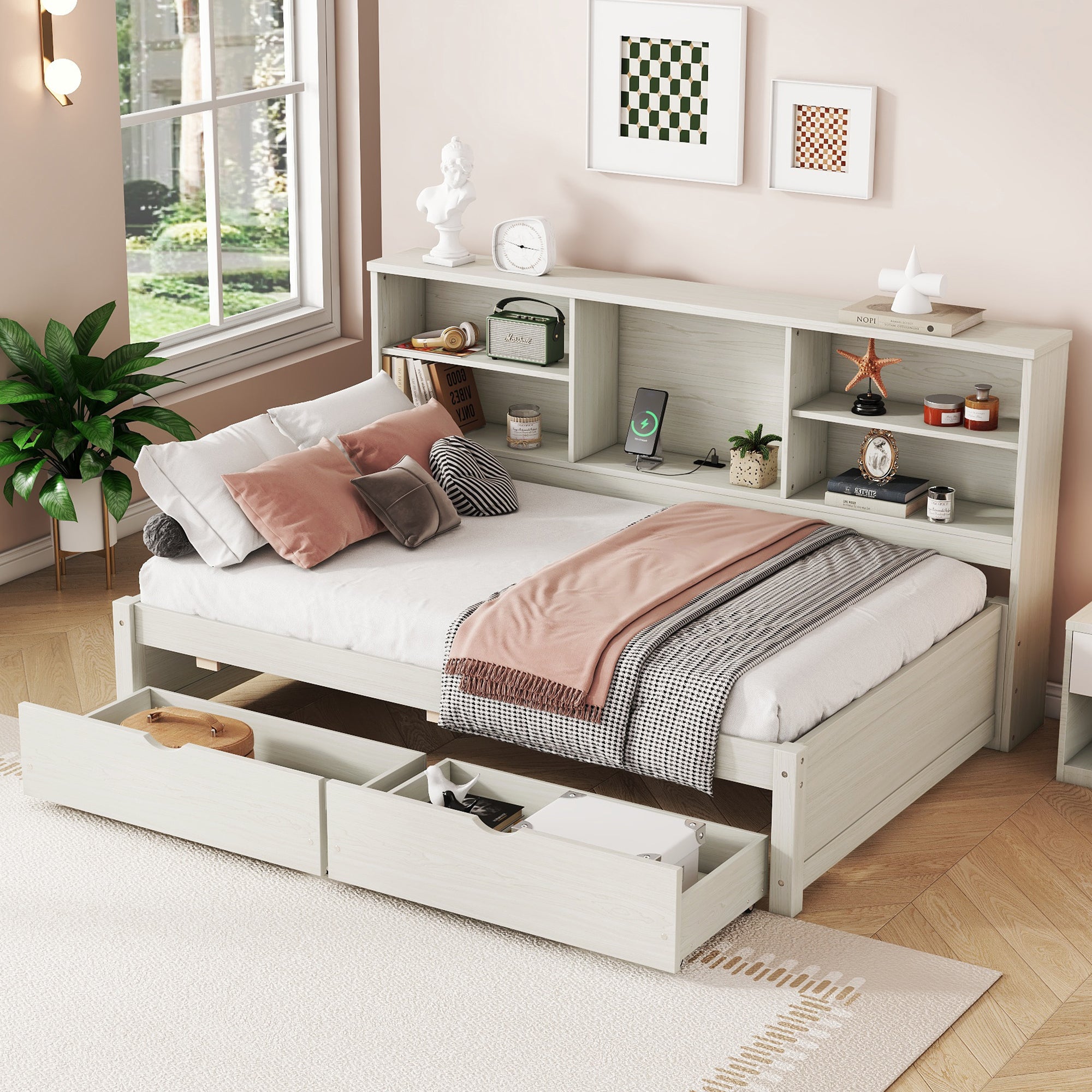 Twin Size Bed Frame with Side Bookshelves