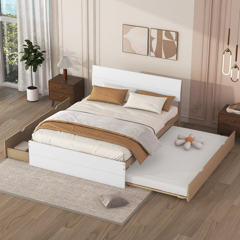 Modern Full Size Bed Frame with Twin Size Trundle and 2 Drawers