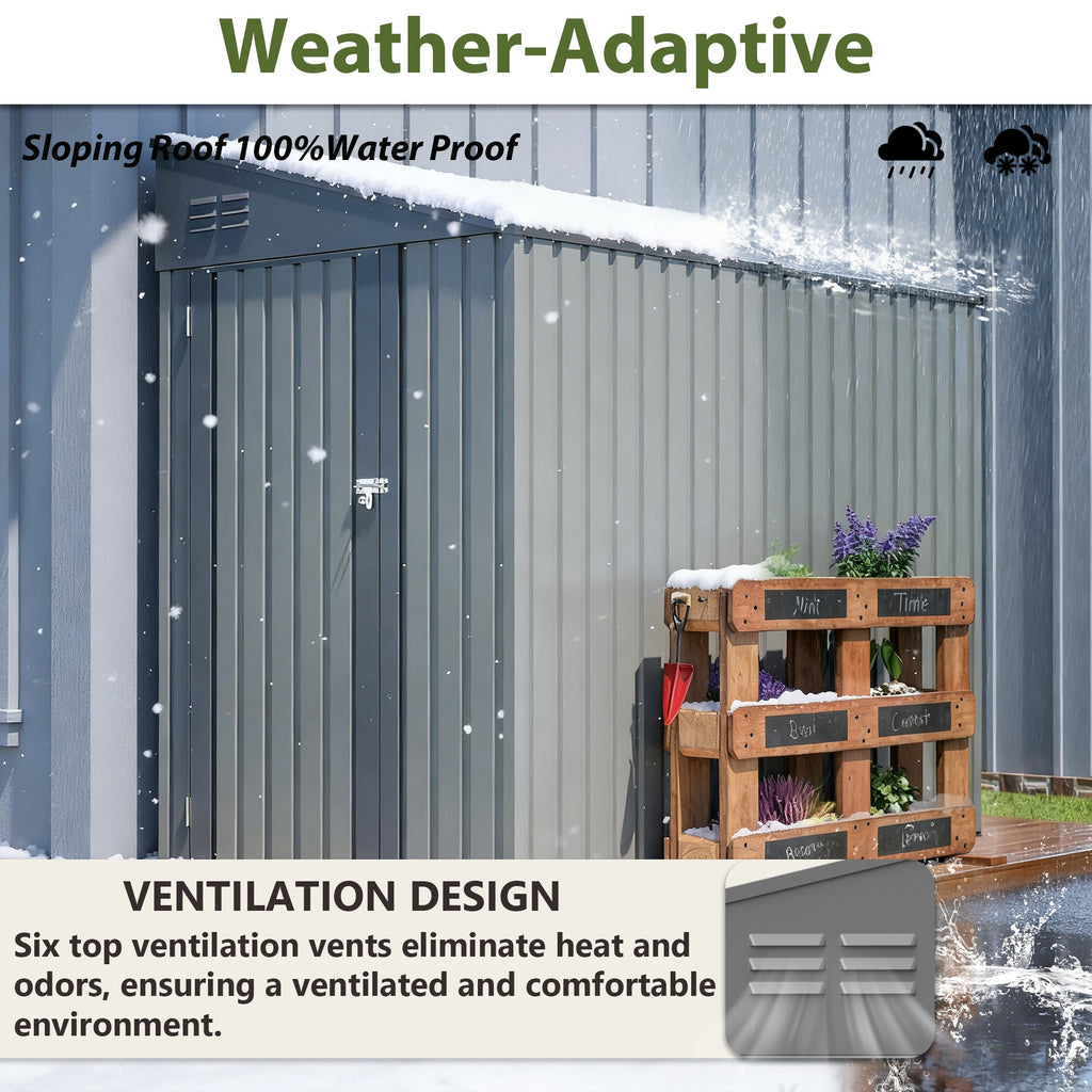 4x7 FT Lean To Shed Olive Grey Heavy Duty Steel Outdoor Garden Storage Case