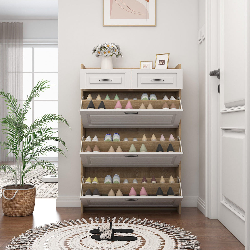White Oak Color Shoe Cabinet with 3 Doors 2 Drawers