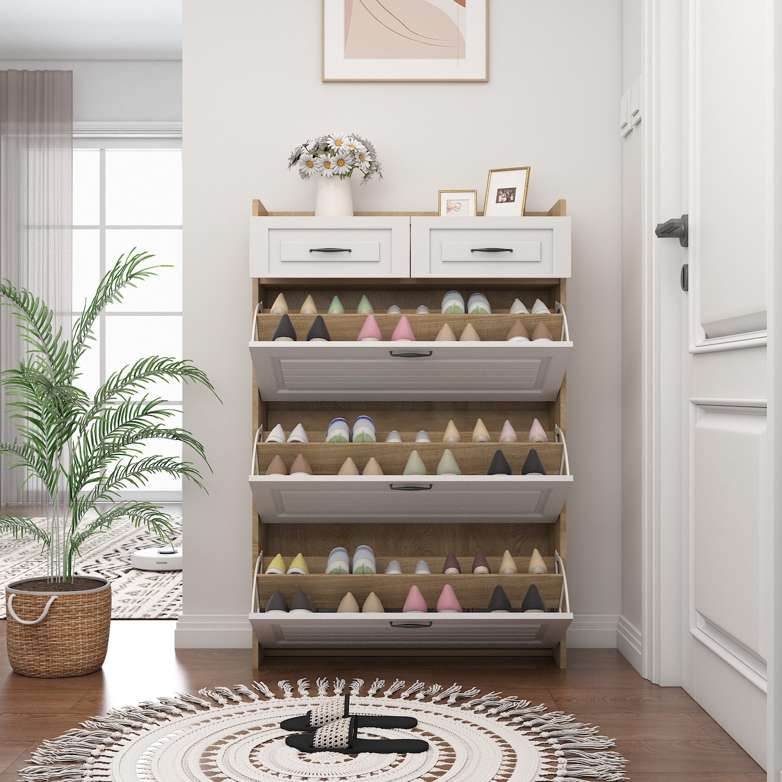 White Oak Color Shoe Cabinet with 3 Doors 2 Drawers