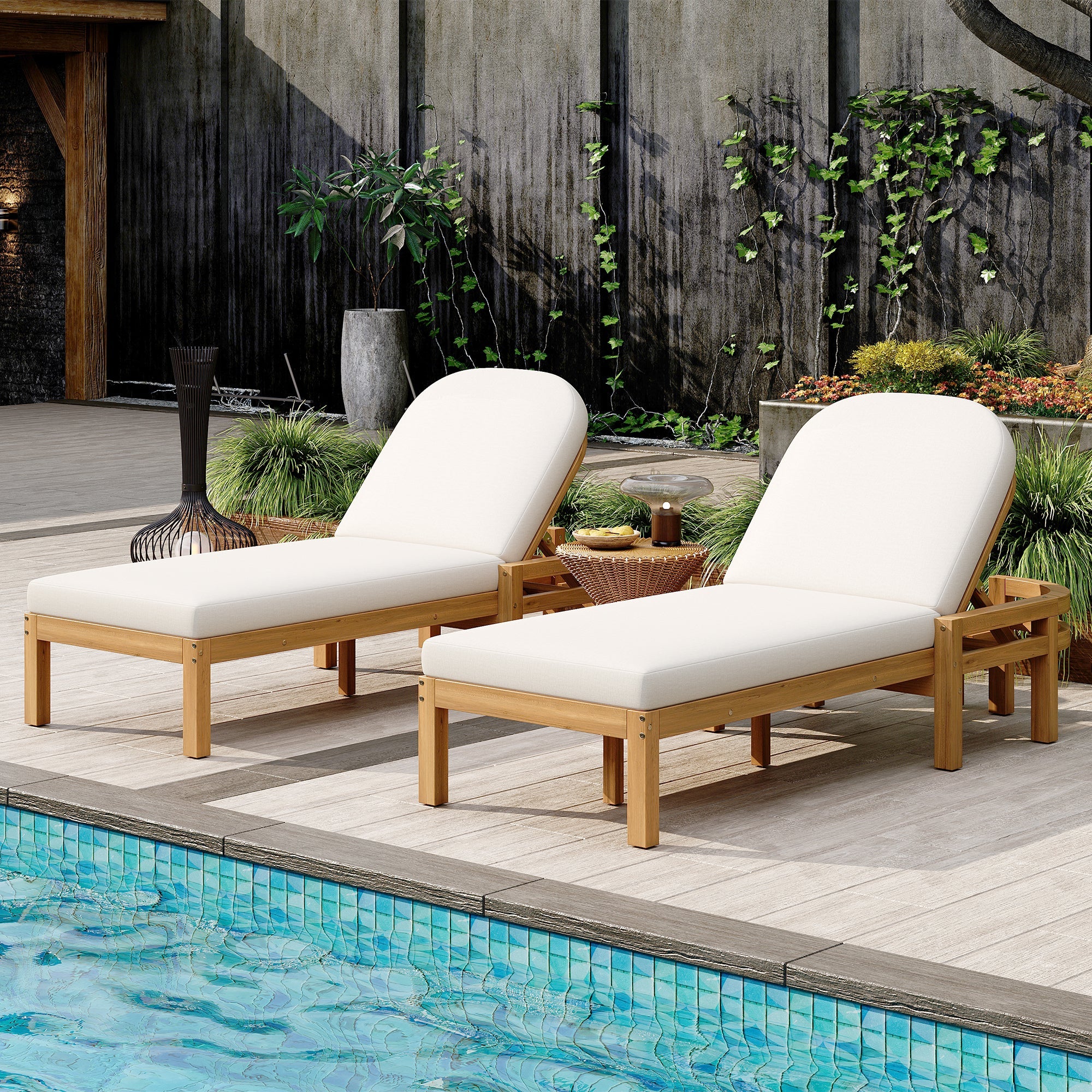 Acacia Wood Chaise Lounge Chairs 5-Position Adjustable Backrest for Patio Poolside