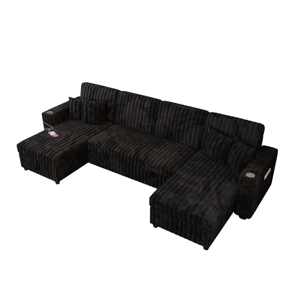 122" U-Shaped Sleeper Sofa Gray Pull Out Bed Sectional with Storage Chaise