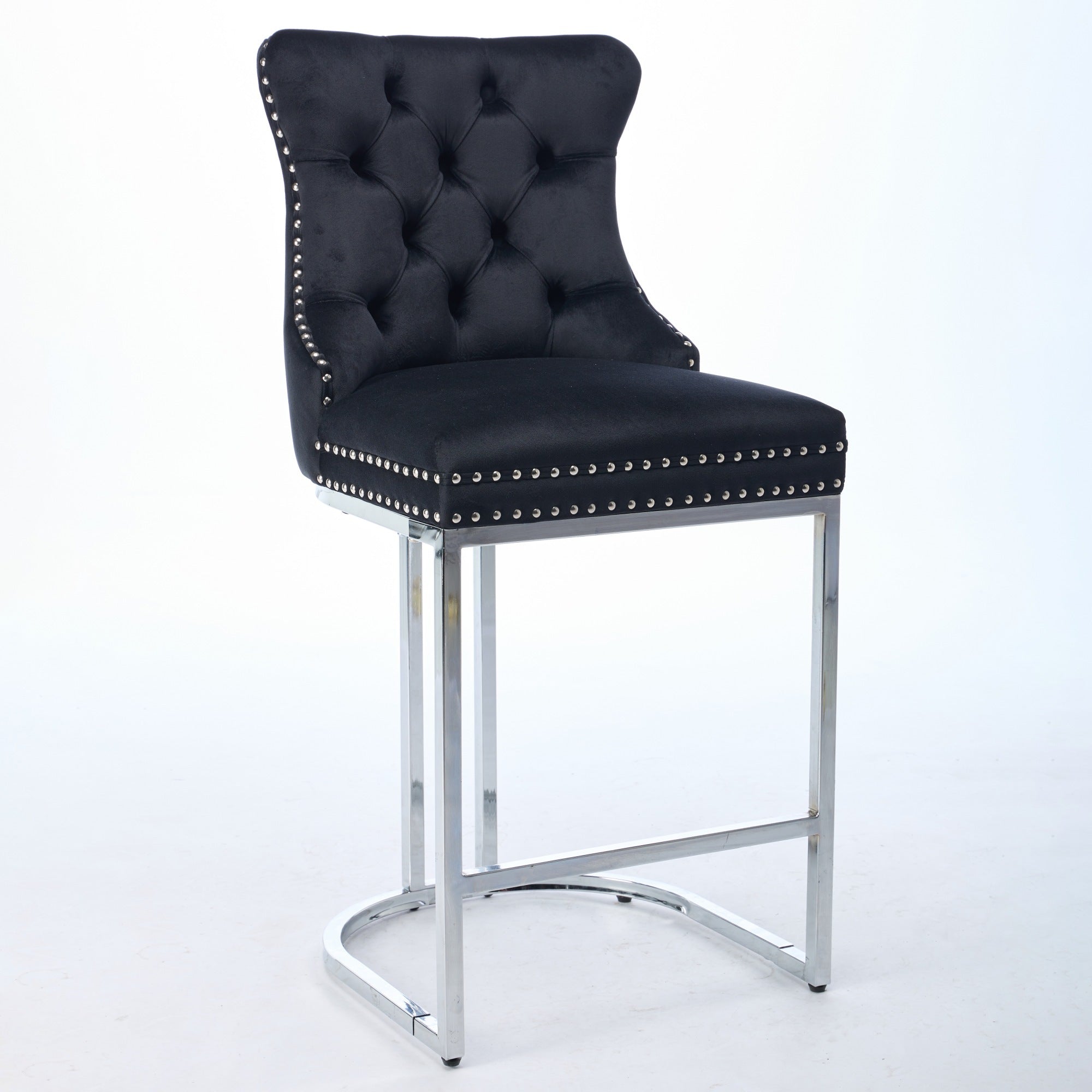 Luxury Elegant Nailhead Trim Tufted Velvet Bar Stools (Set of 2)